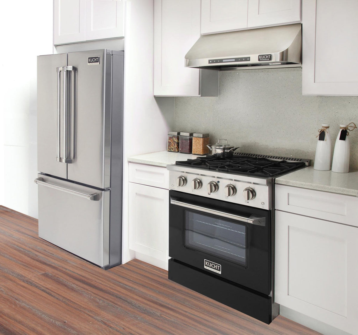 Stainless and black Kucht gas range with four burners and oven door
