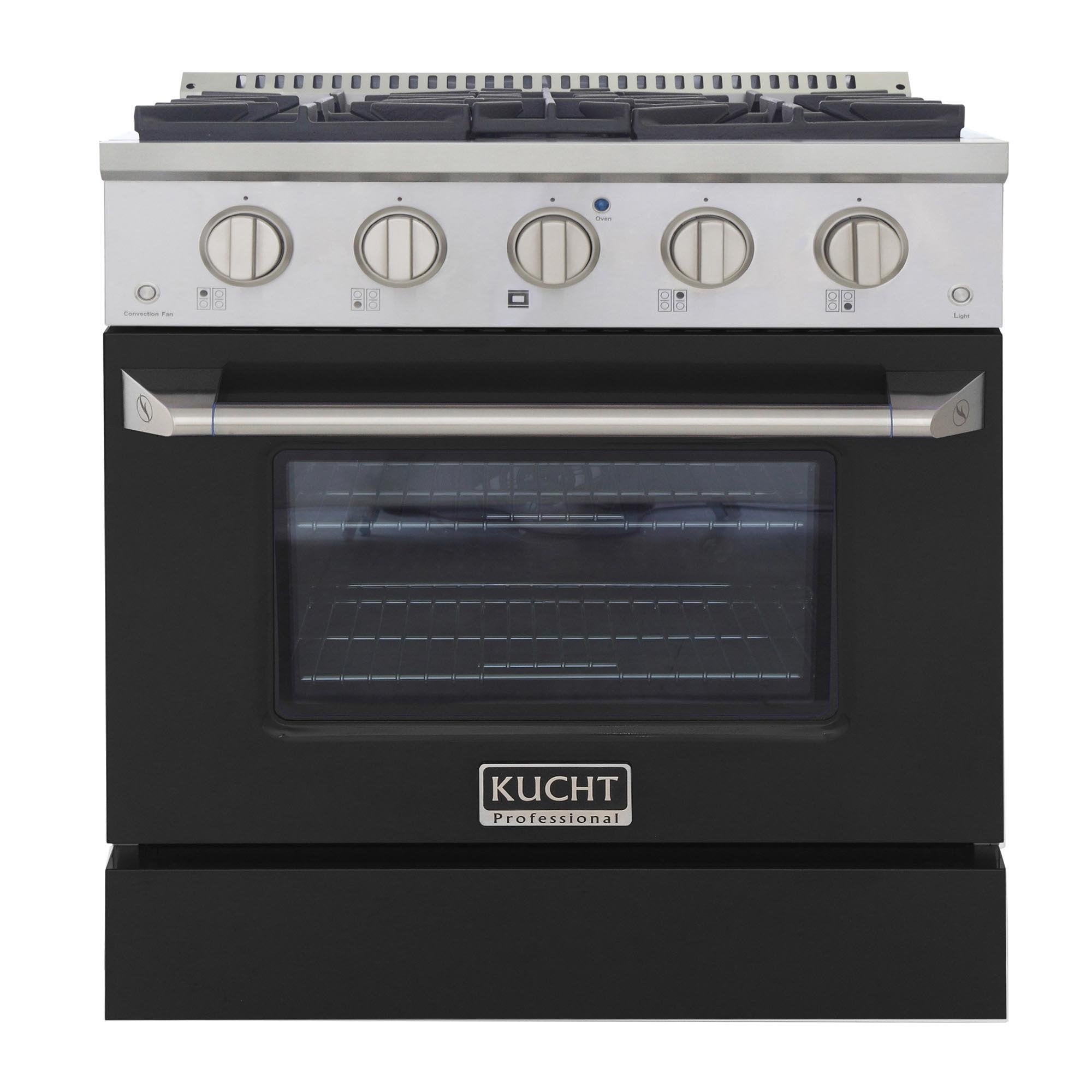 Black Kucht gas range with four control knobs and oven window