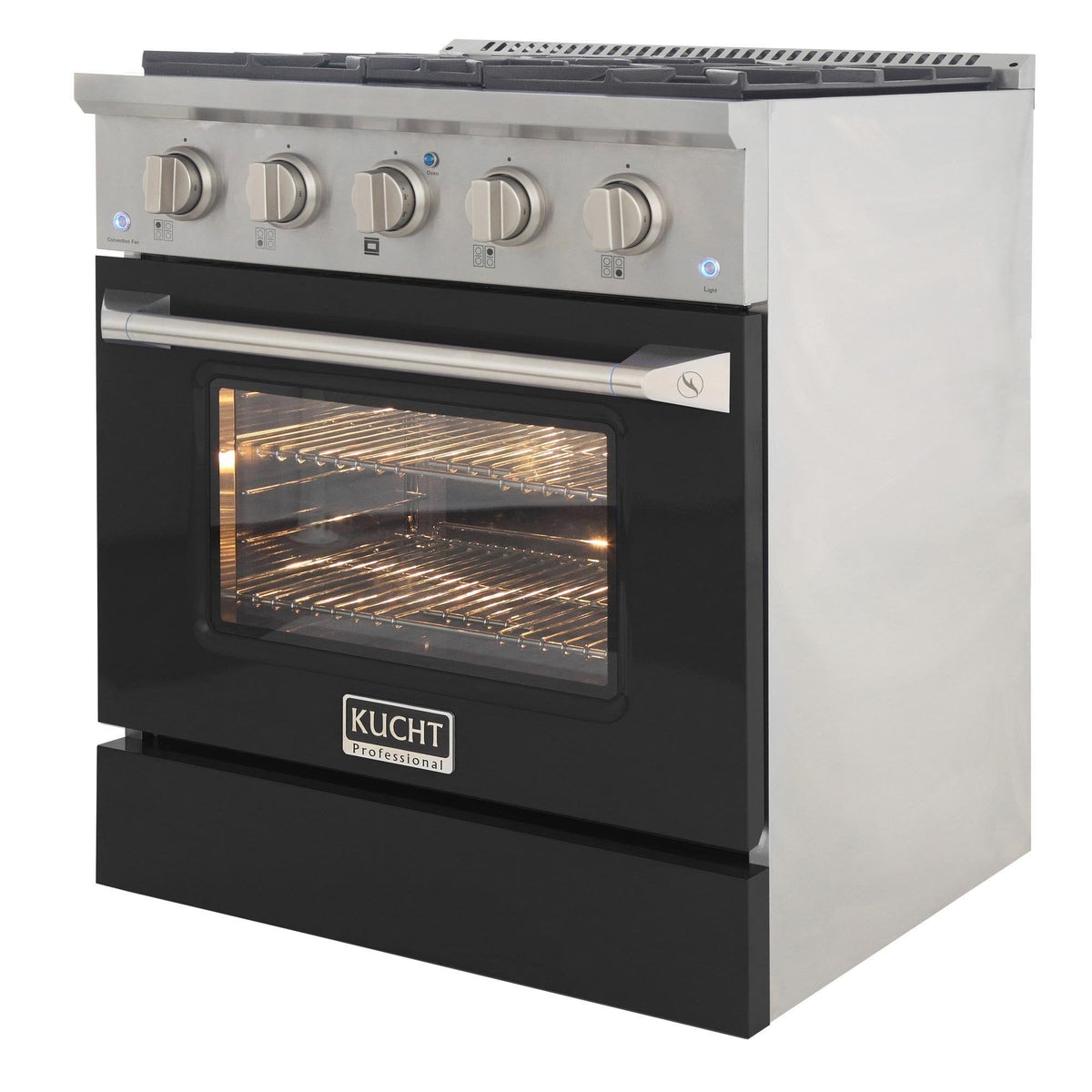 Black Kucht gas range with four burners and a lit convection oven door