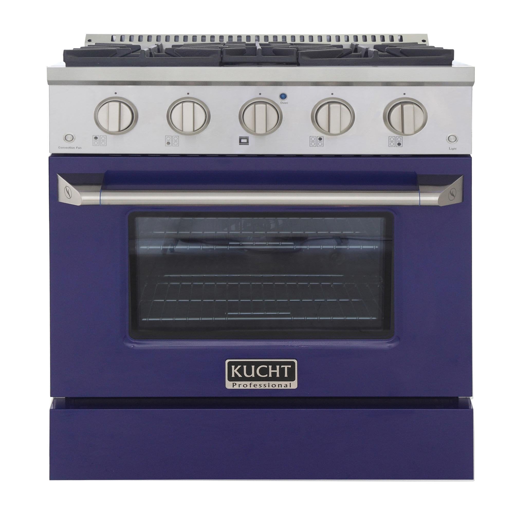 Blue gas range with five stainless control knobs and windowed oven door