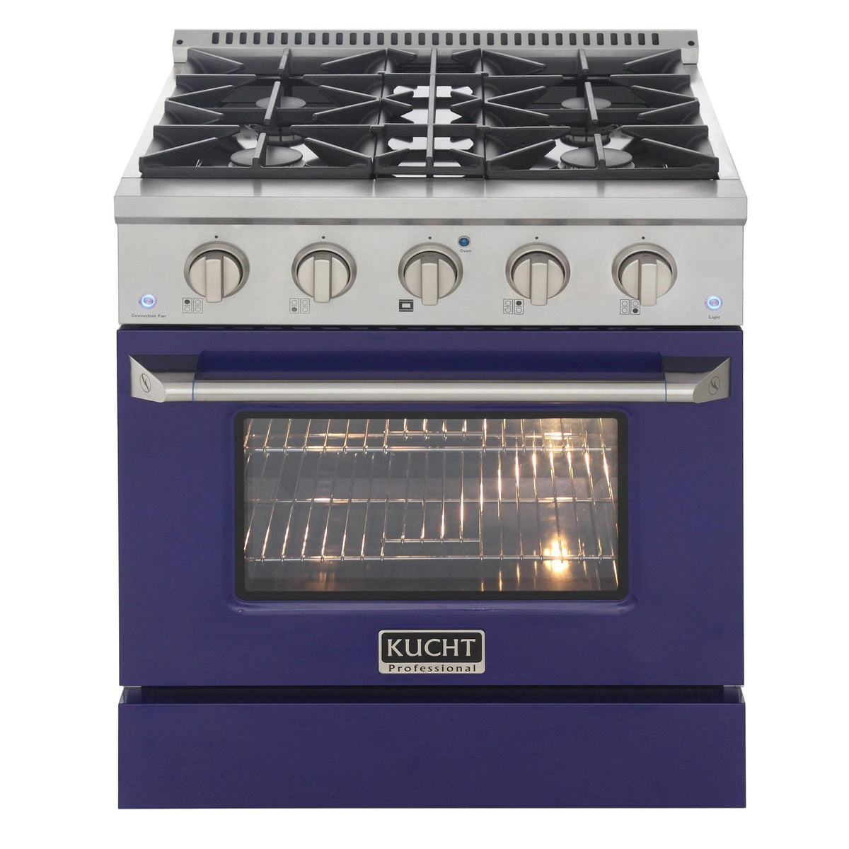 Blue gas range with oven door open, showing oven racks and stainless front panel