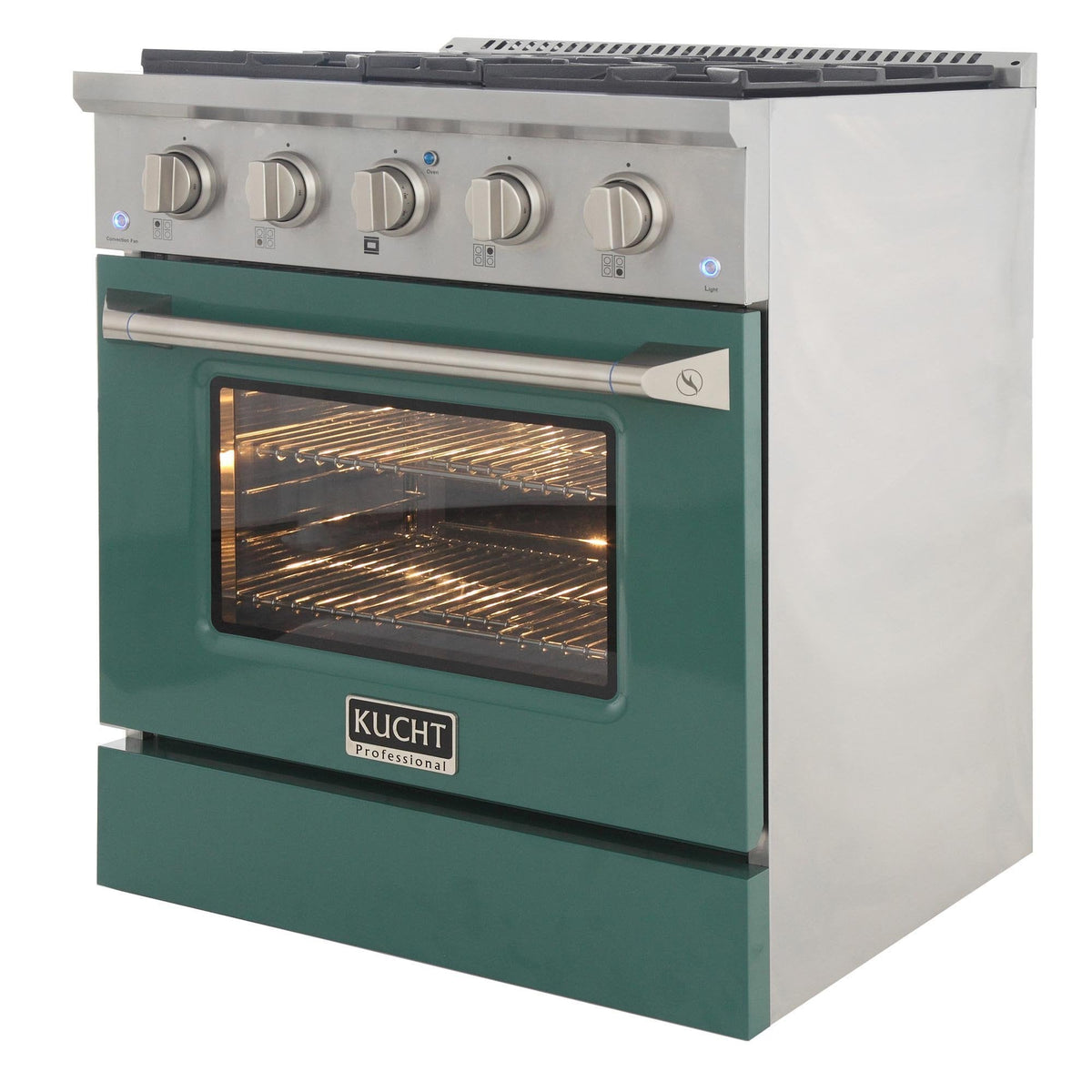 Gas range oven door with large glass window and Kucht logo, green front
