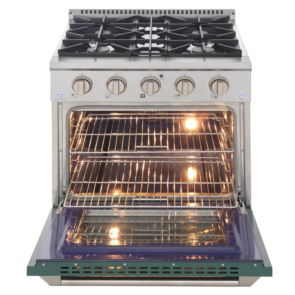 Gas convection oven with illuminated racks and glass door open