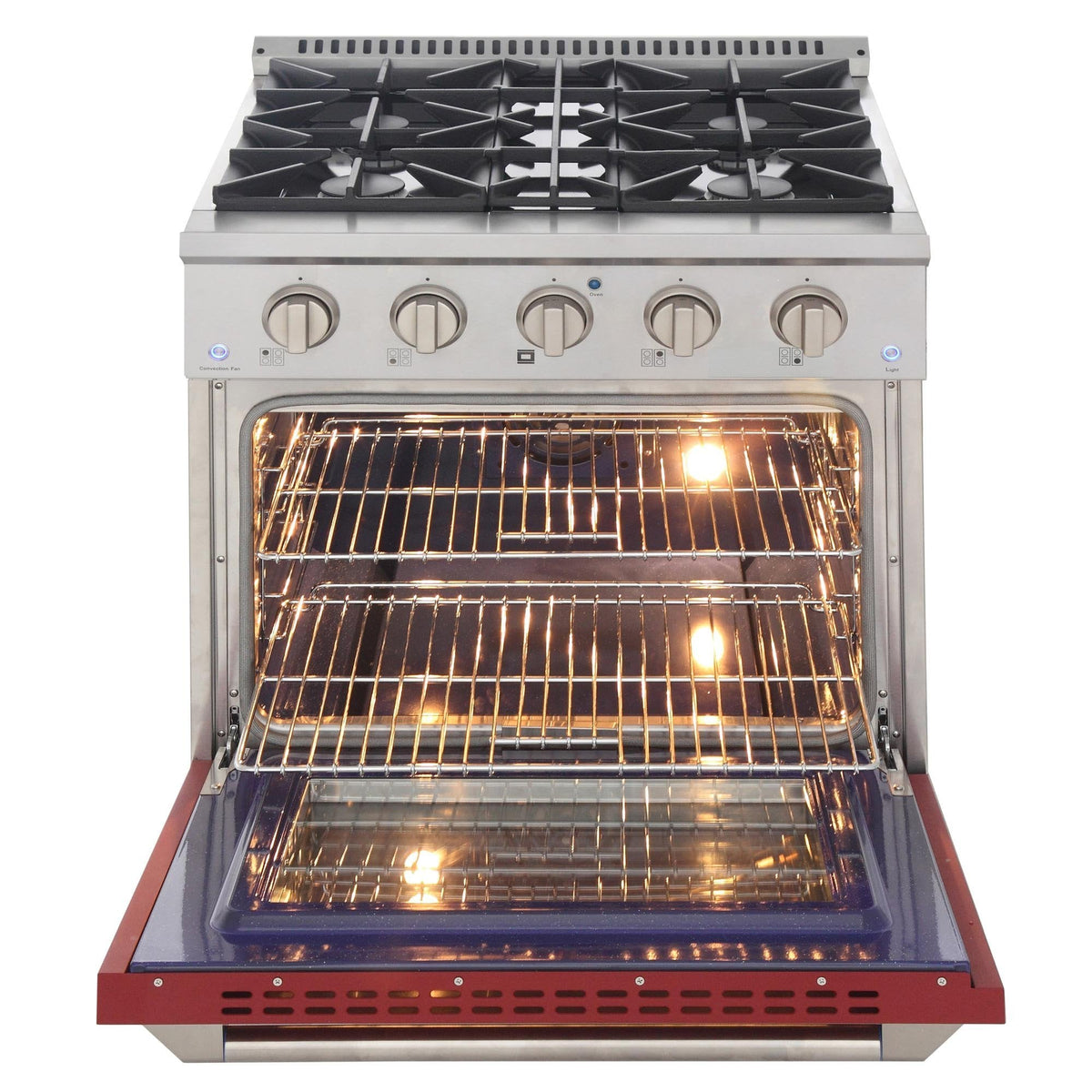 Red convection oven with illuminated racks and front glass door window
