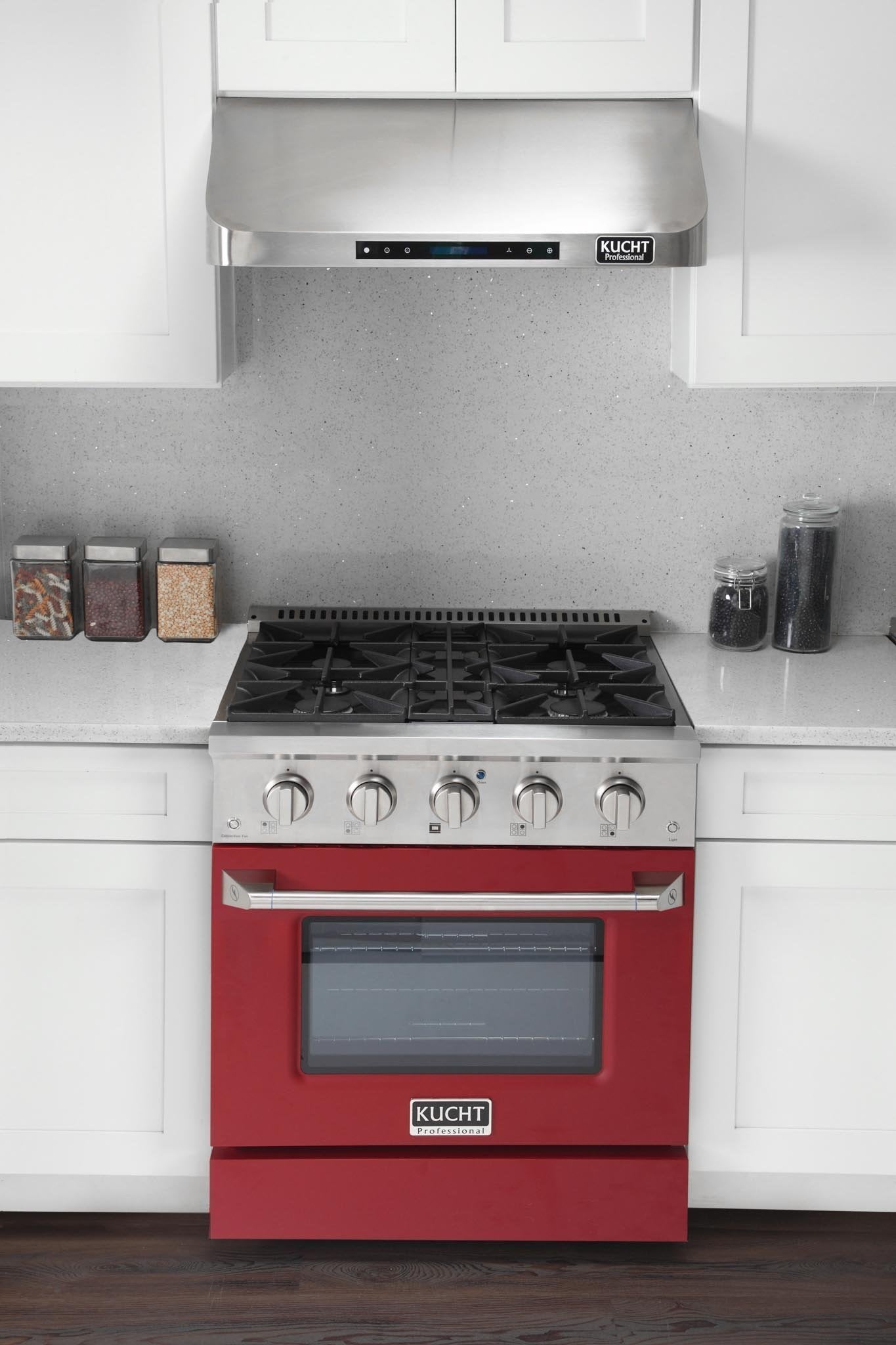 Red gas range with convection oven, stainless control panel, and open cooktop grates