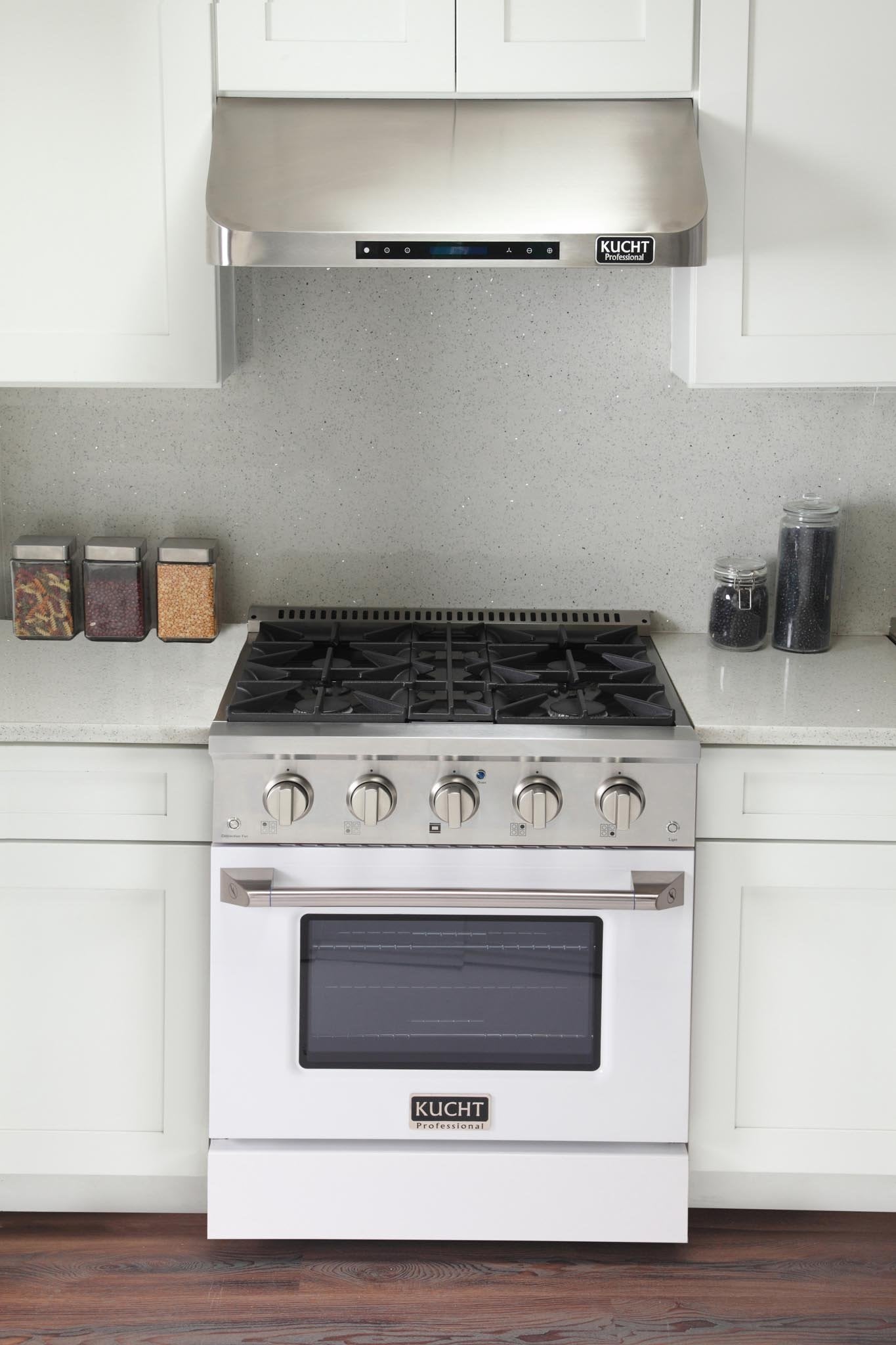 White gas range with five sealed burners and convection oven door, front view