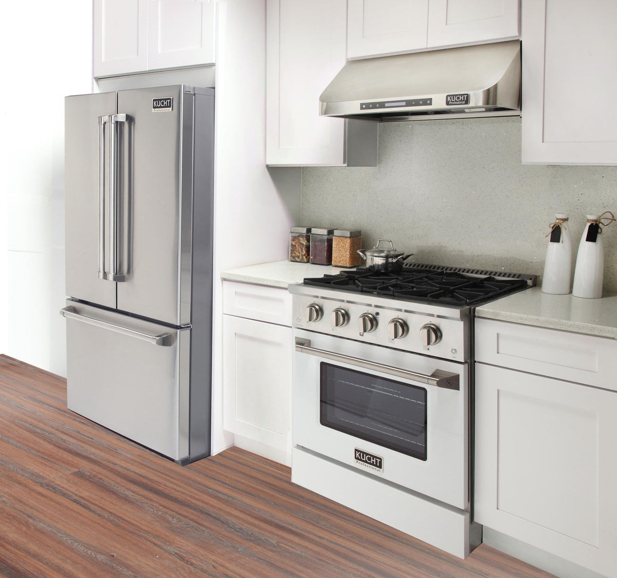 White gas range with sealed burners and oven door in a kitchen setting