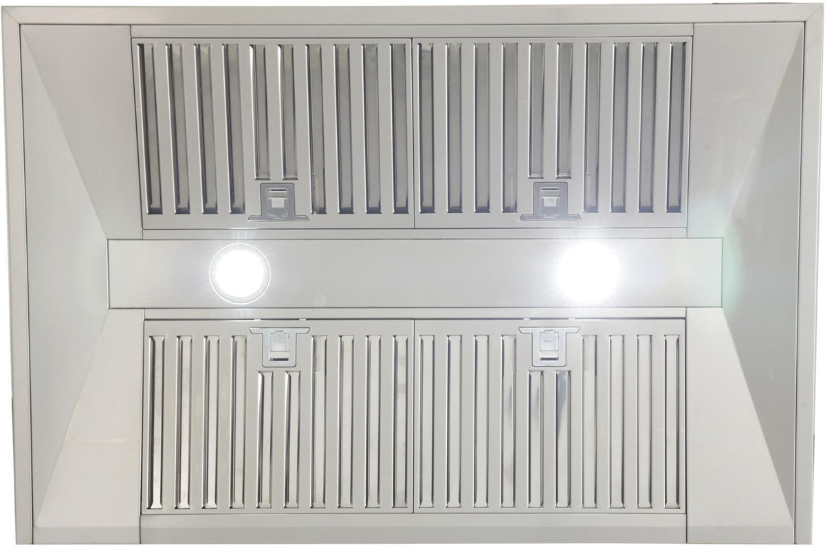 Stainless steel range hood underside with vent grilles and two round light openings