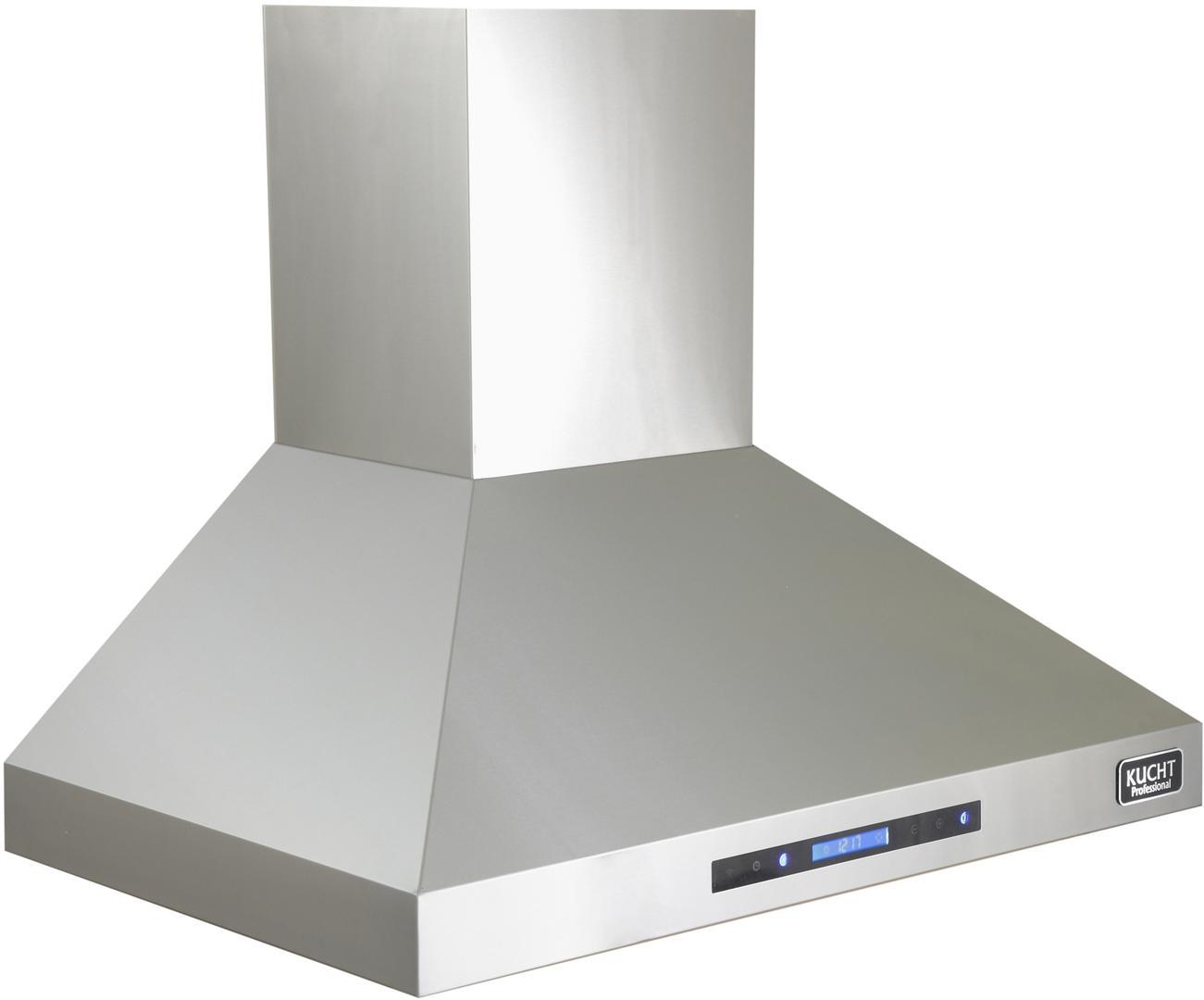 Stainless steel wall range hood with digital control panel and LED indicator lights