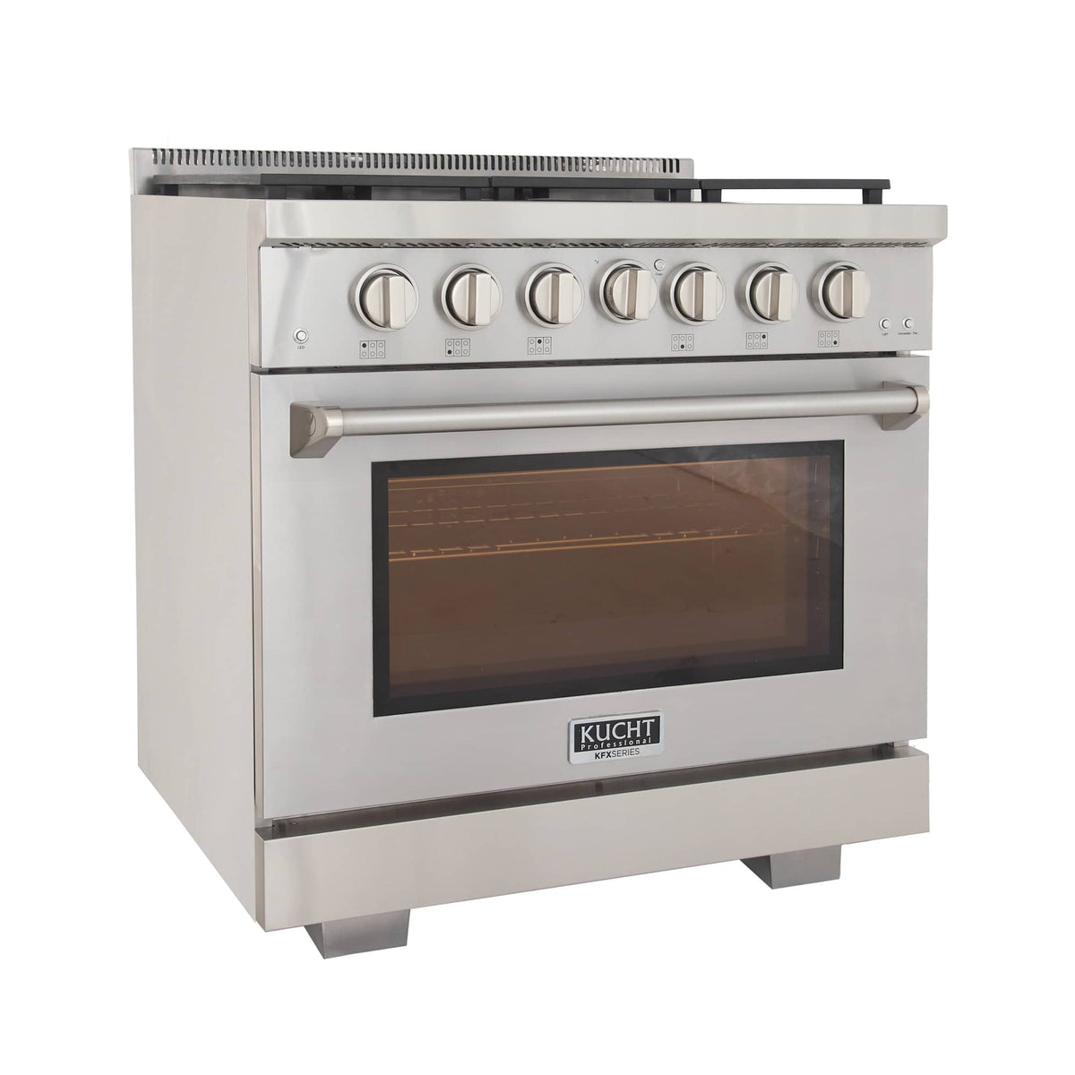 36-inch gas range front with stainless control knobs and oven door window