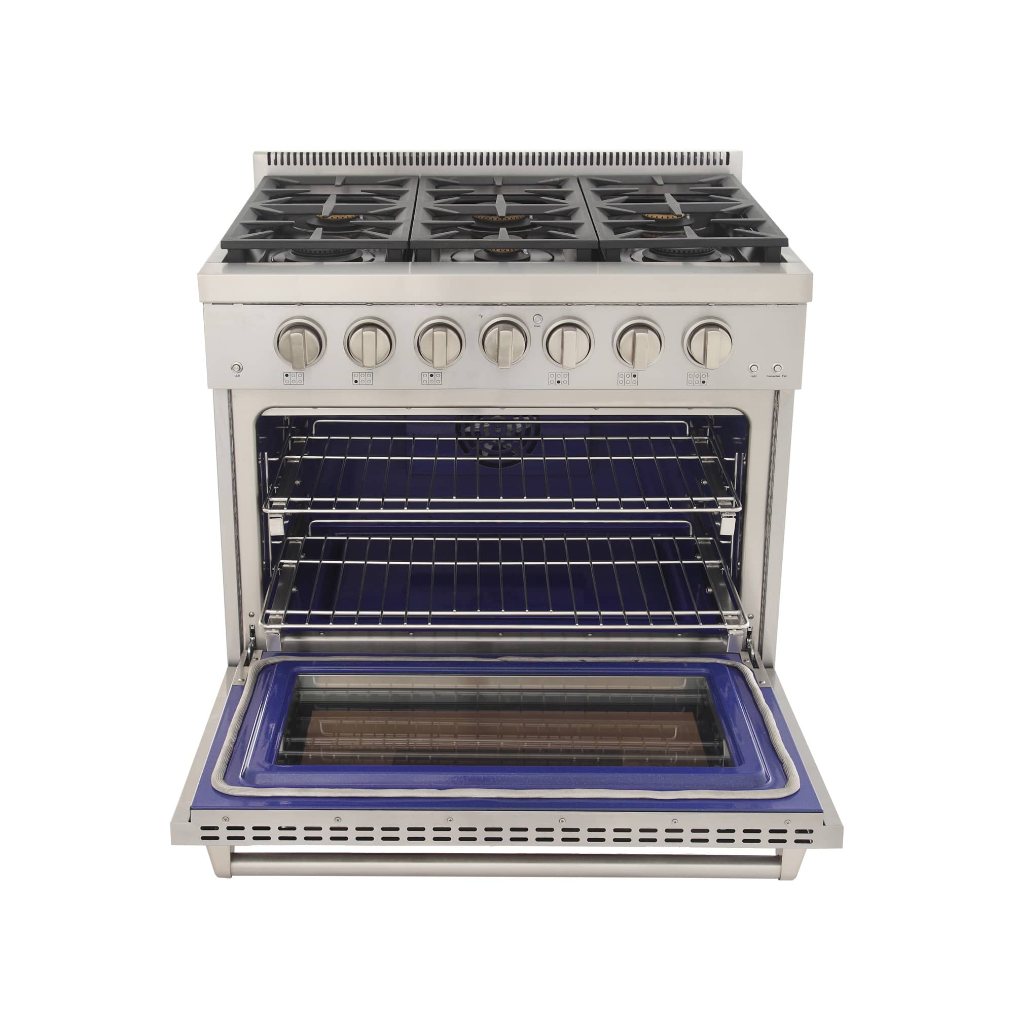 Gas range with open oven door, wire racks, and blue enamel oven base