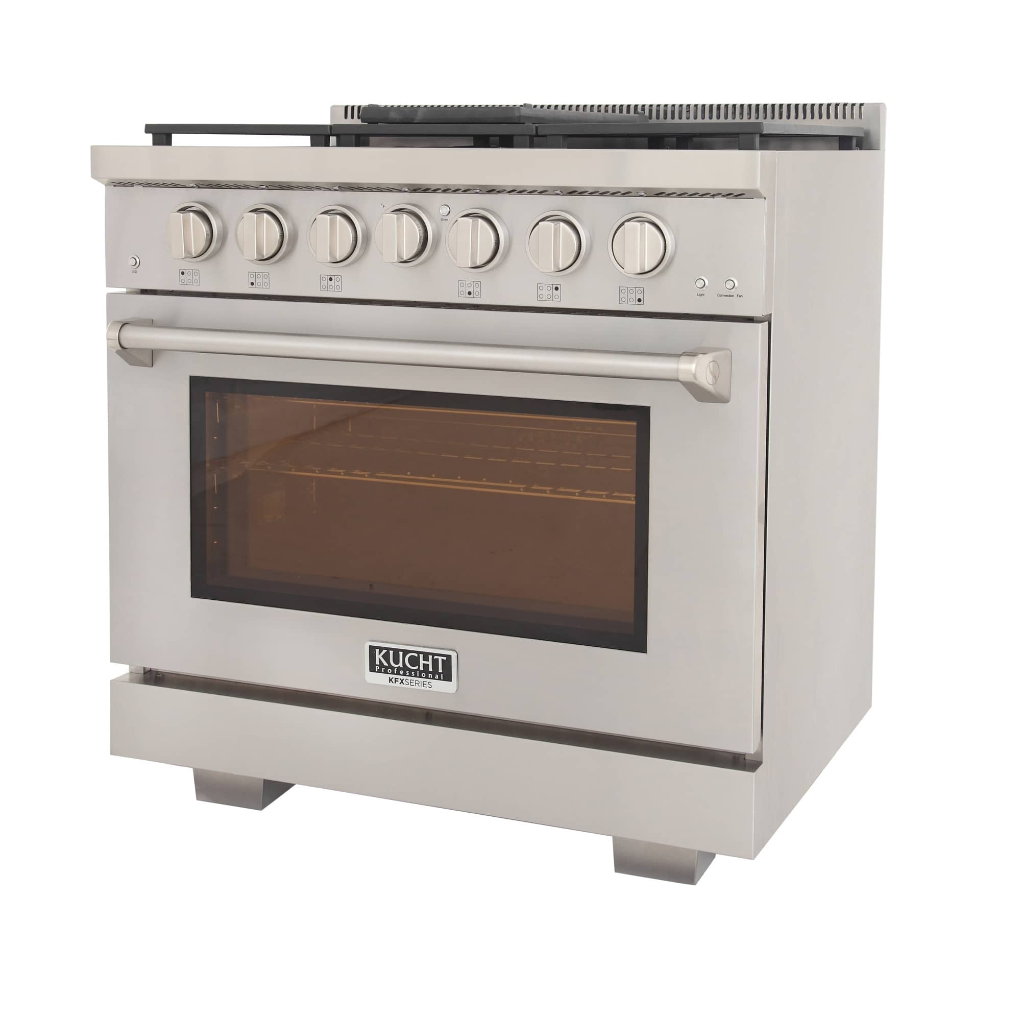 Stainless gas range front with control knob row and oven door window