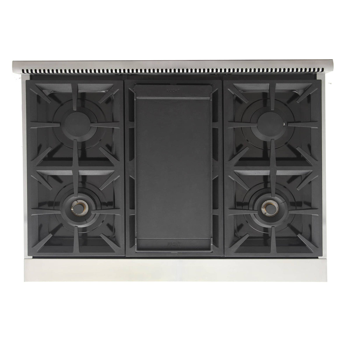 36-inch gas range with four black burner grates and central oven window