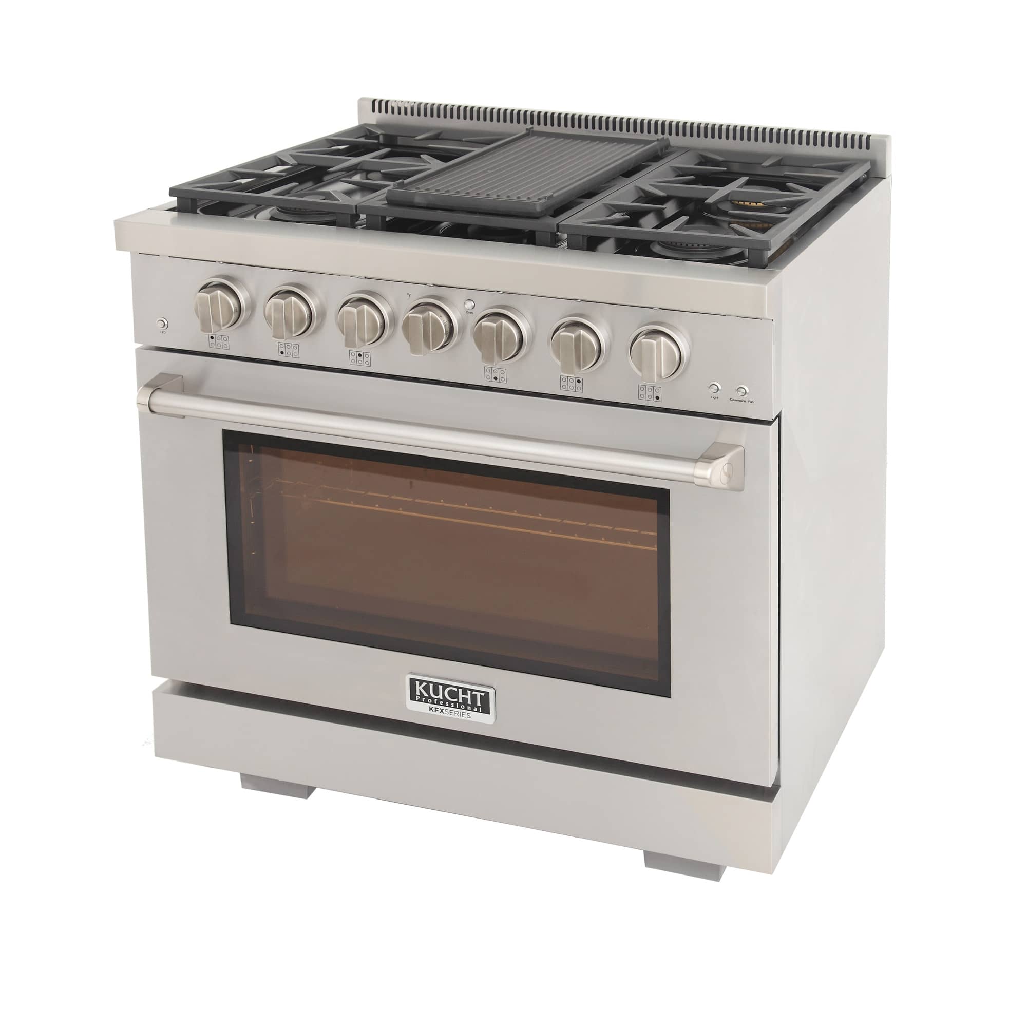 Stainless Kucht gas range with burner grates and oven window