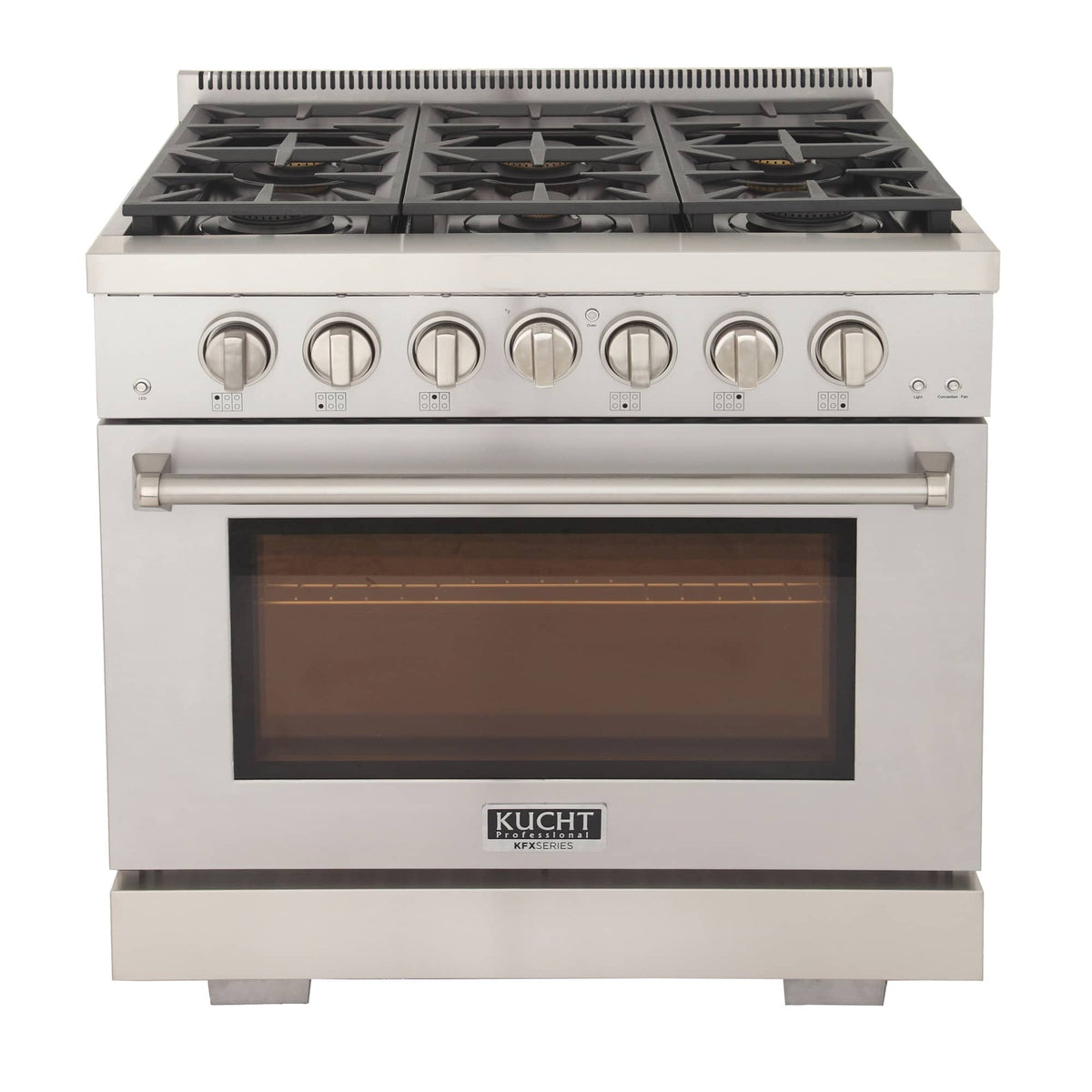 Stainless steel gas range front with six knobs and glass oven door window