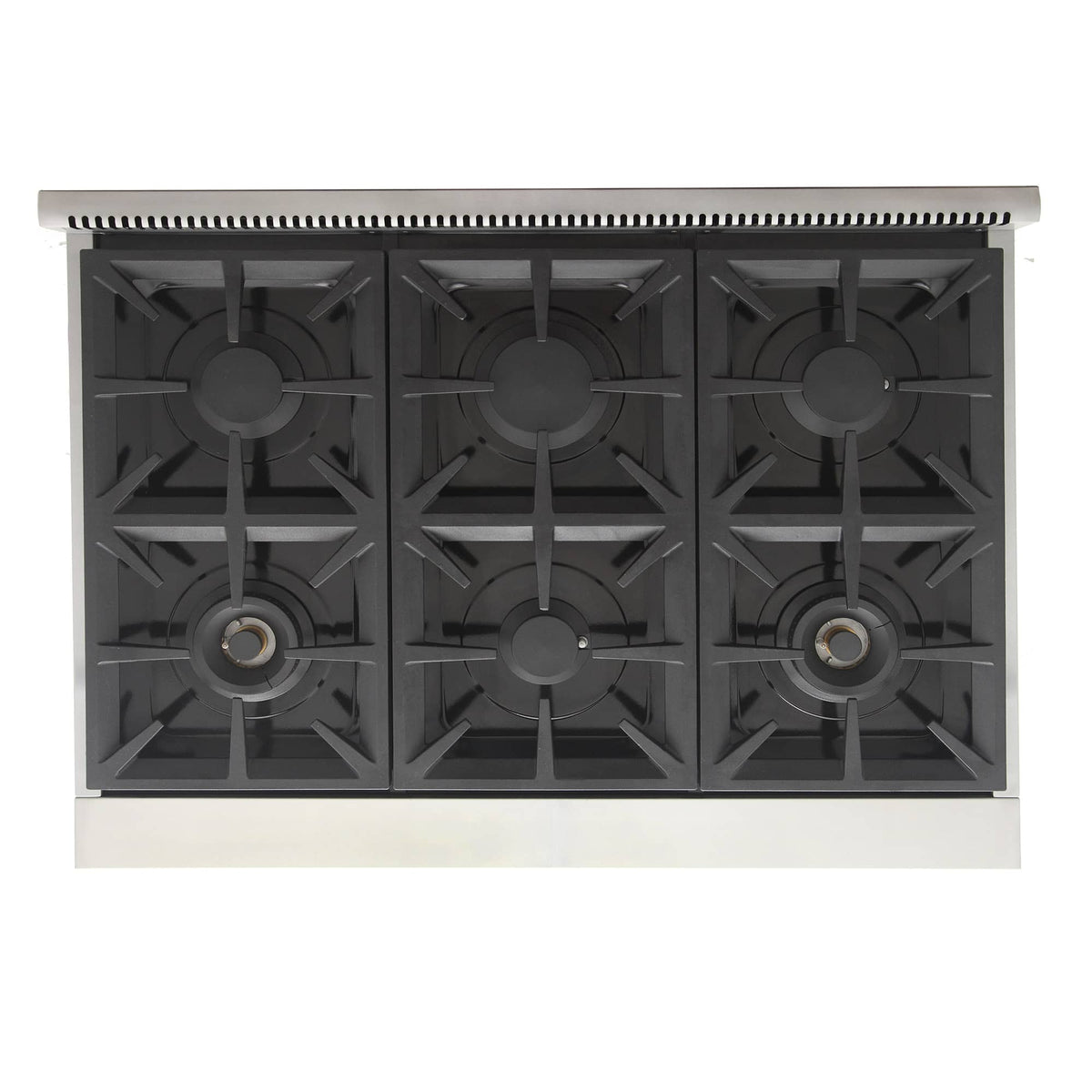 Gas range cooktop with six black burner grates and metal burner caps