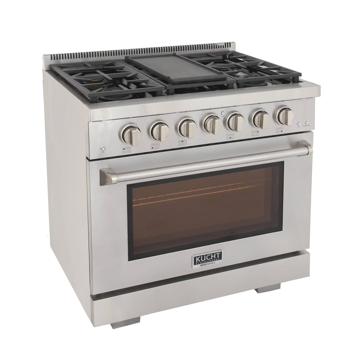 Stainless Kucht 36-inch gas range with burners and oven door window
