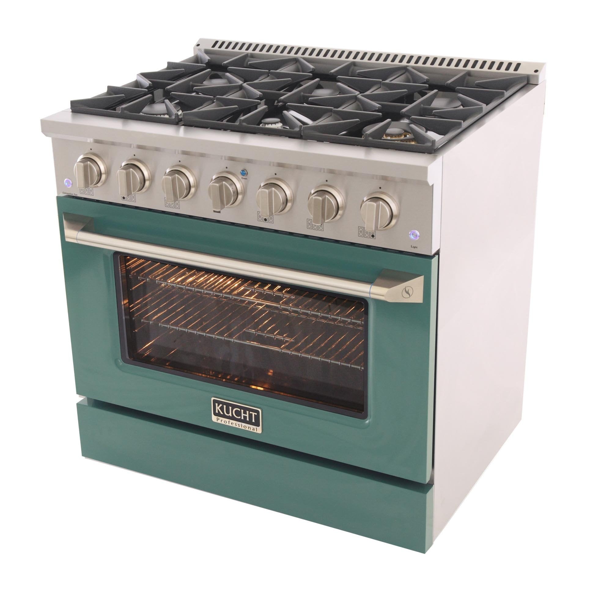 Green gas range with five burners and lit oven interior