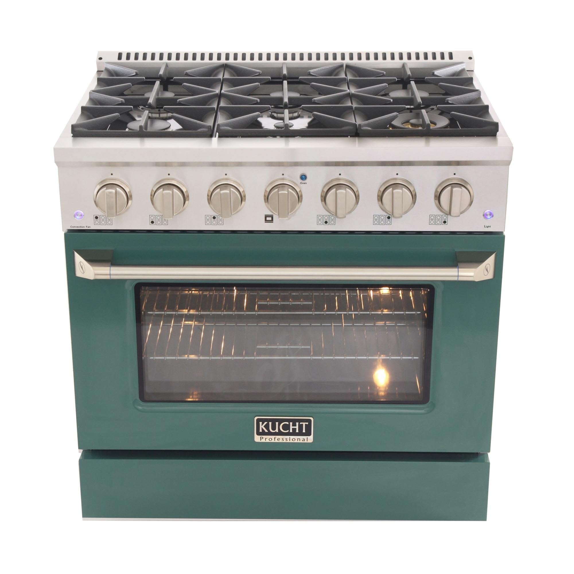 Green Kucht gas range front with six burners and convection oven door window