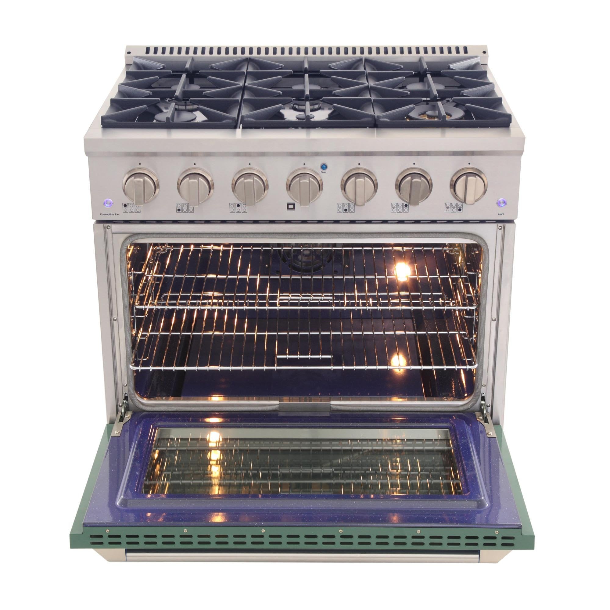 Green gas range with open oven door showing racks and glowing burners