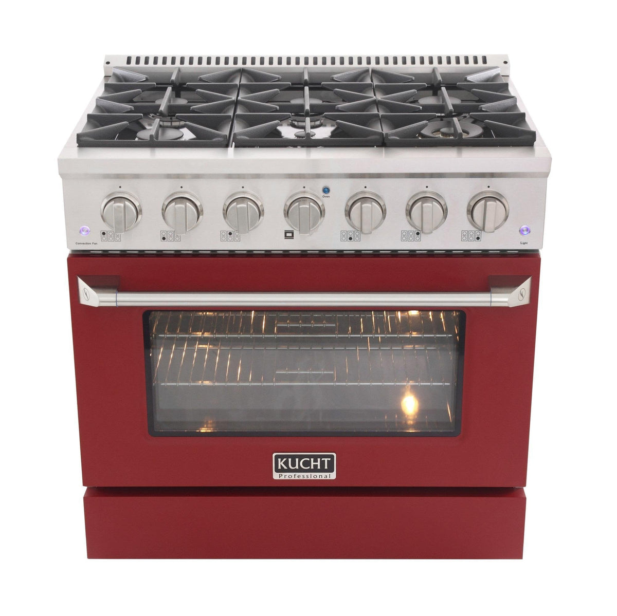 Red and stainless gas range with six burner knobs and lit oven door window