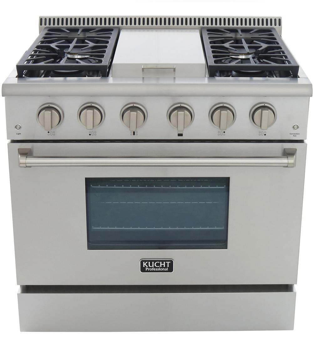 Stainless steel gas range with griddle and six burner control knobs