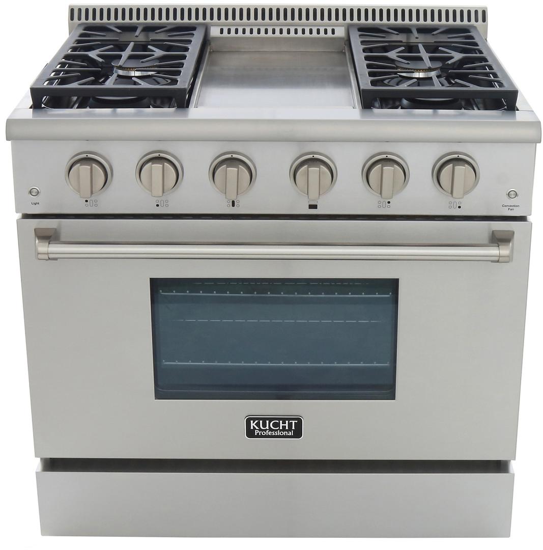 Stainless steel gas range with griddle, burner grates, and oven door window