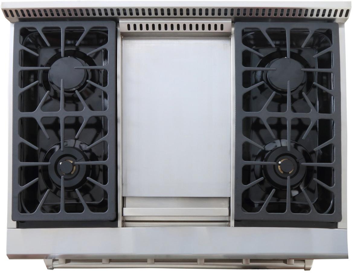 Stainless steel gas range cooktop with two burner grates and central recess panel