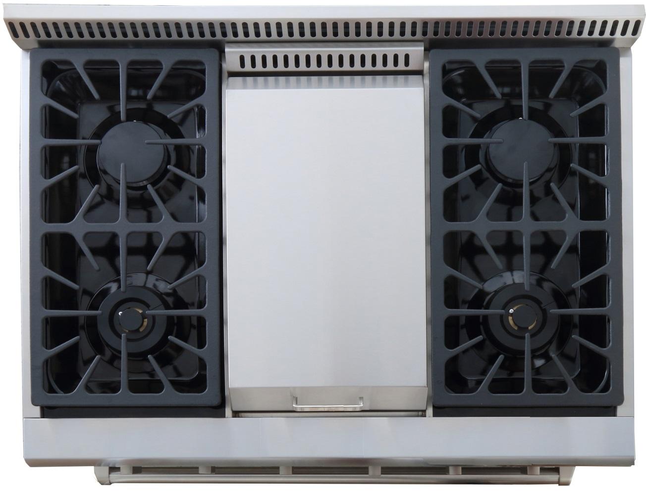 Stainless steel gas range top with two burner grates and center griddle opening