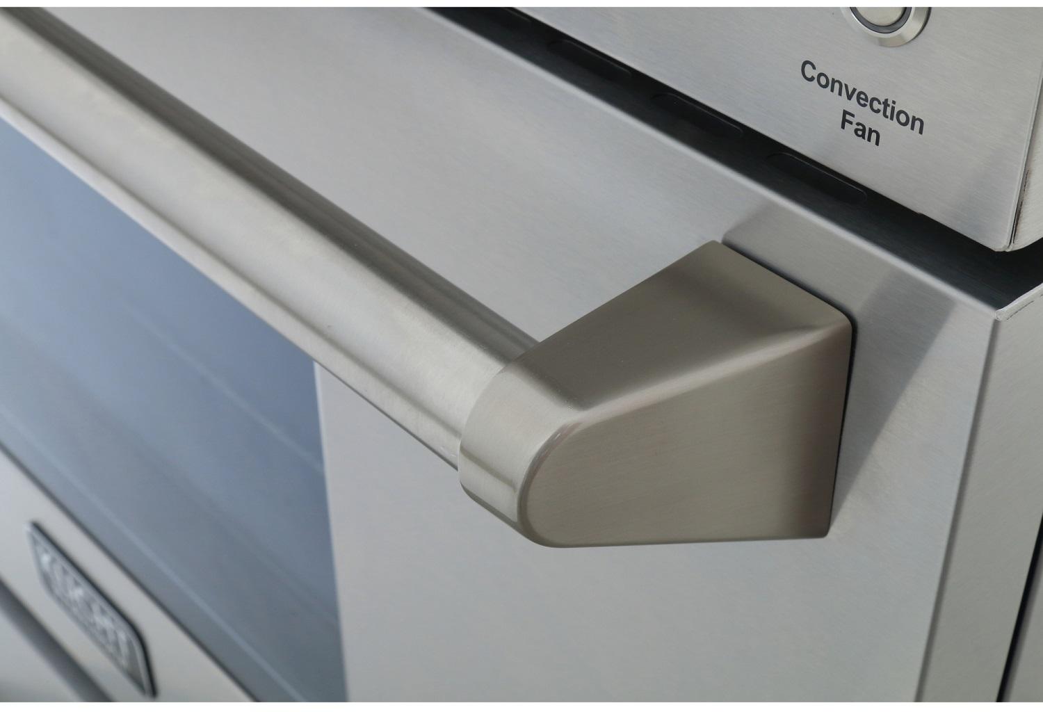 Stainless steel control panel corner with convection fan label and control knob