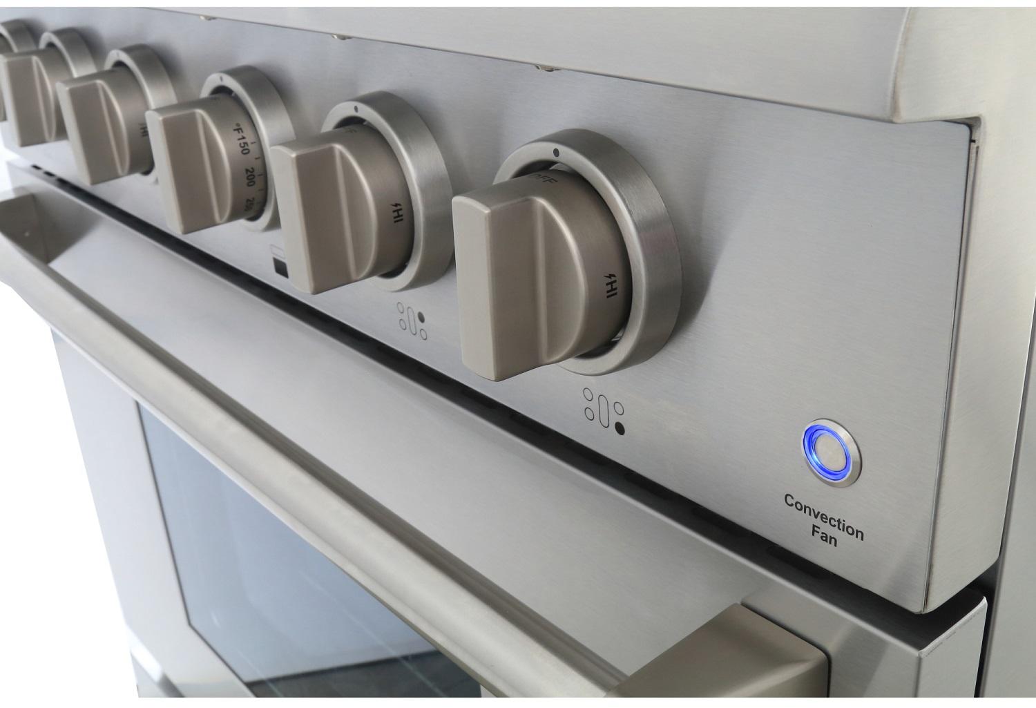Stainless steel burner control knobs and convection fan button on front panel