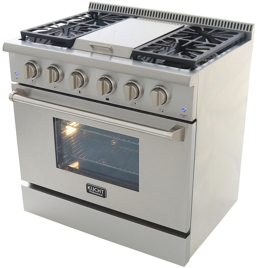 Kucht stainless steel gas range with oven window, knobs, and burner grates