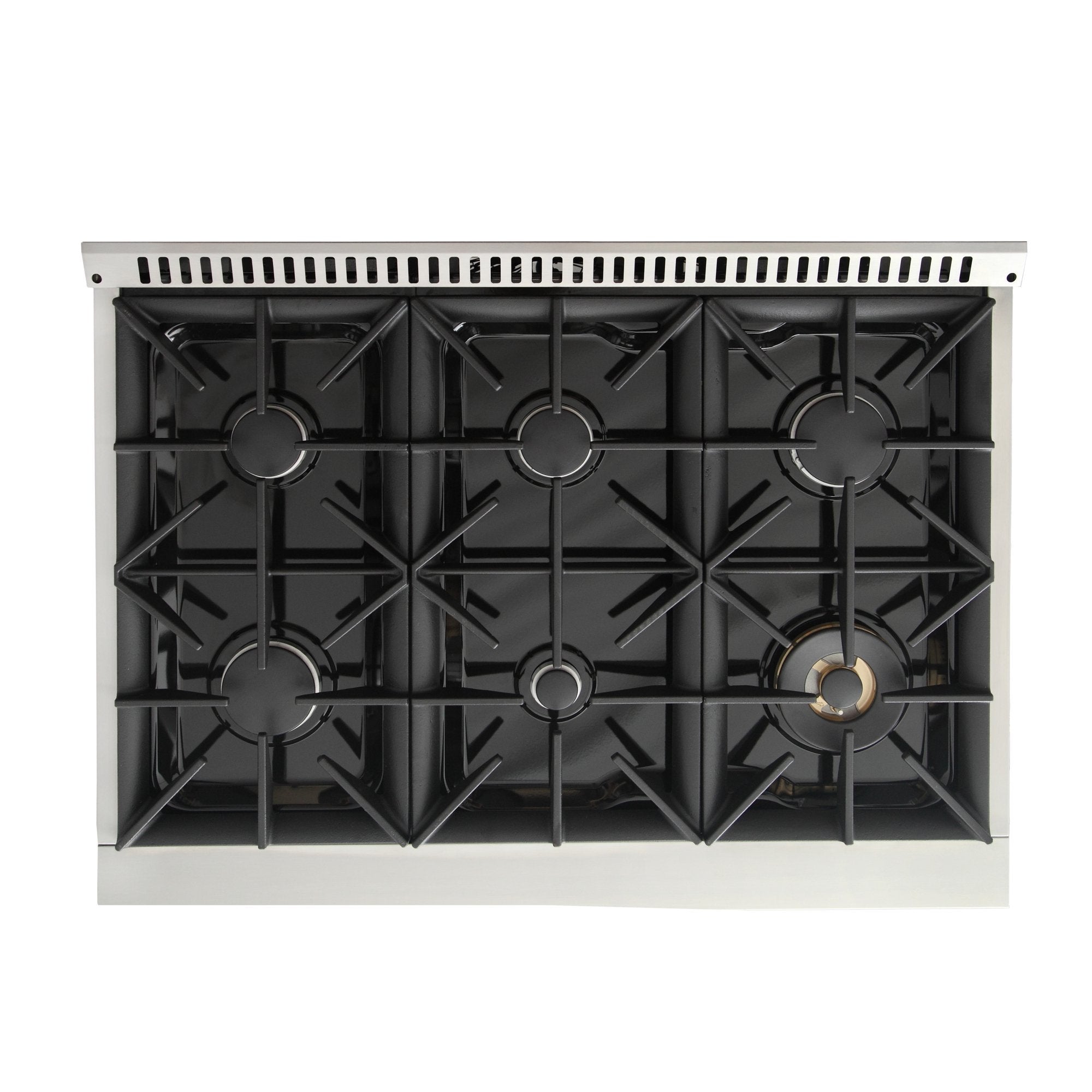 Gas range cooktop with sealed burner grates and black burner caps