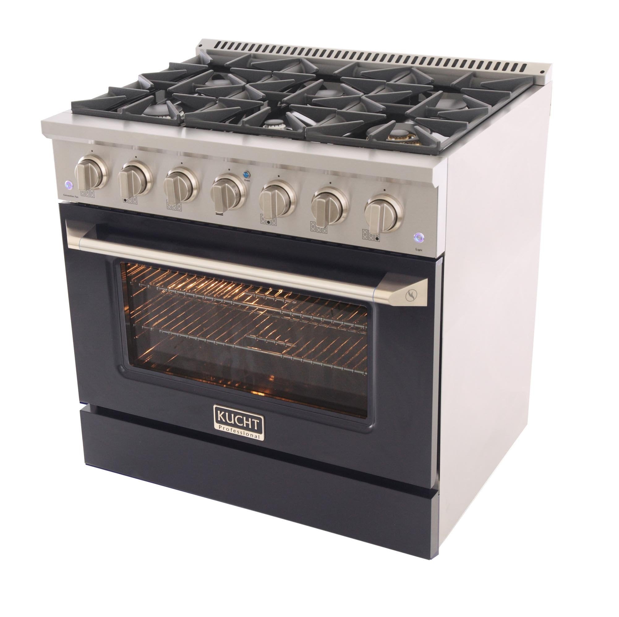 Black 36-inch range with sealed burners and glass convection oven door