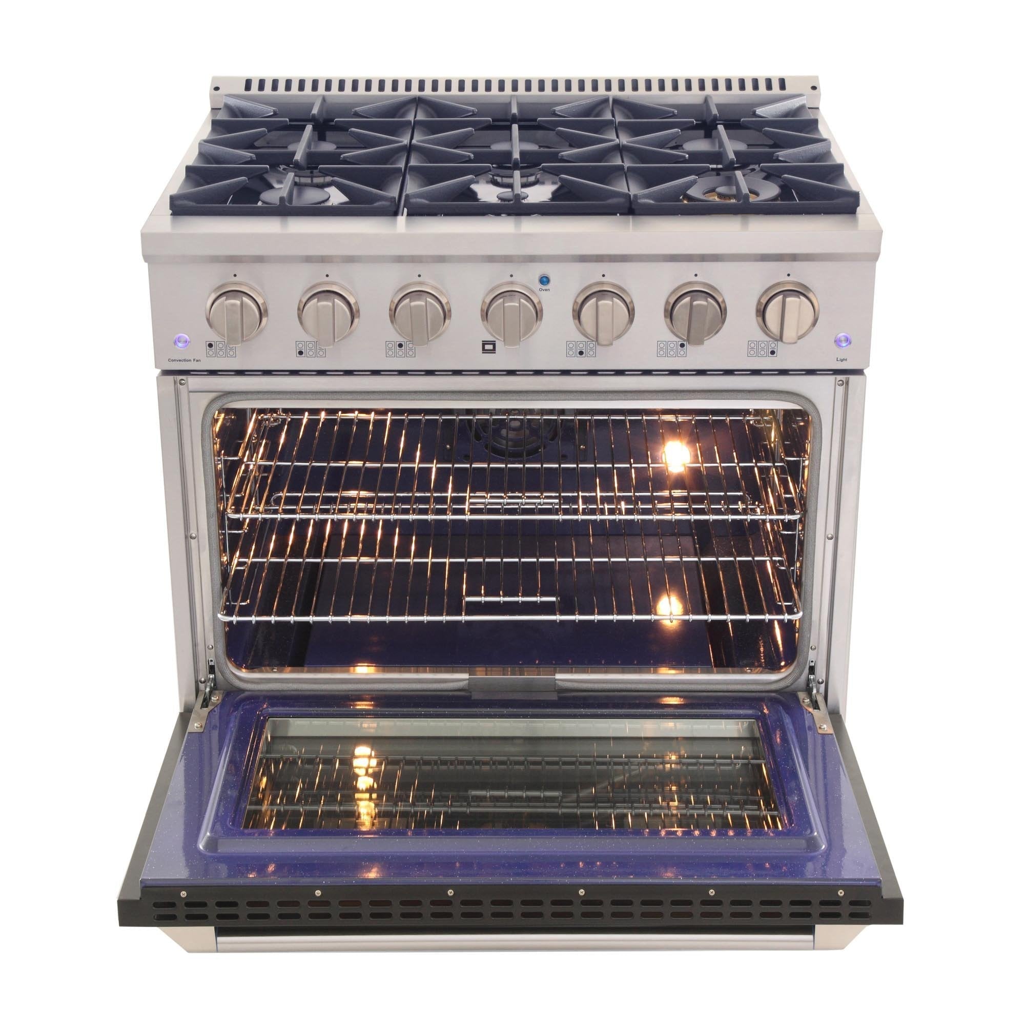 Gas range with oven door open showing wire racks and interior light