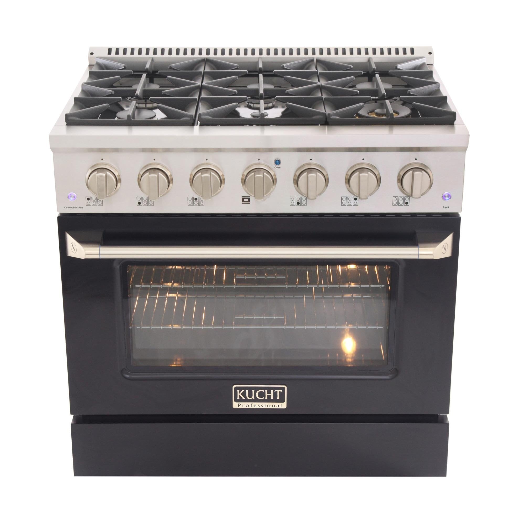 Gas range with open oven window and six burner control knobs