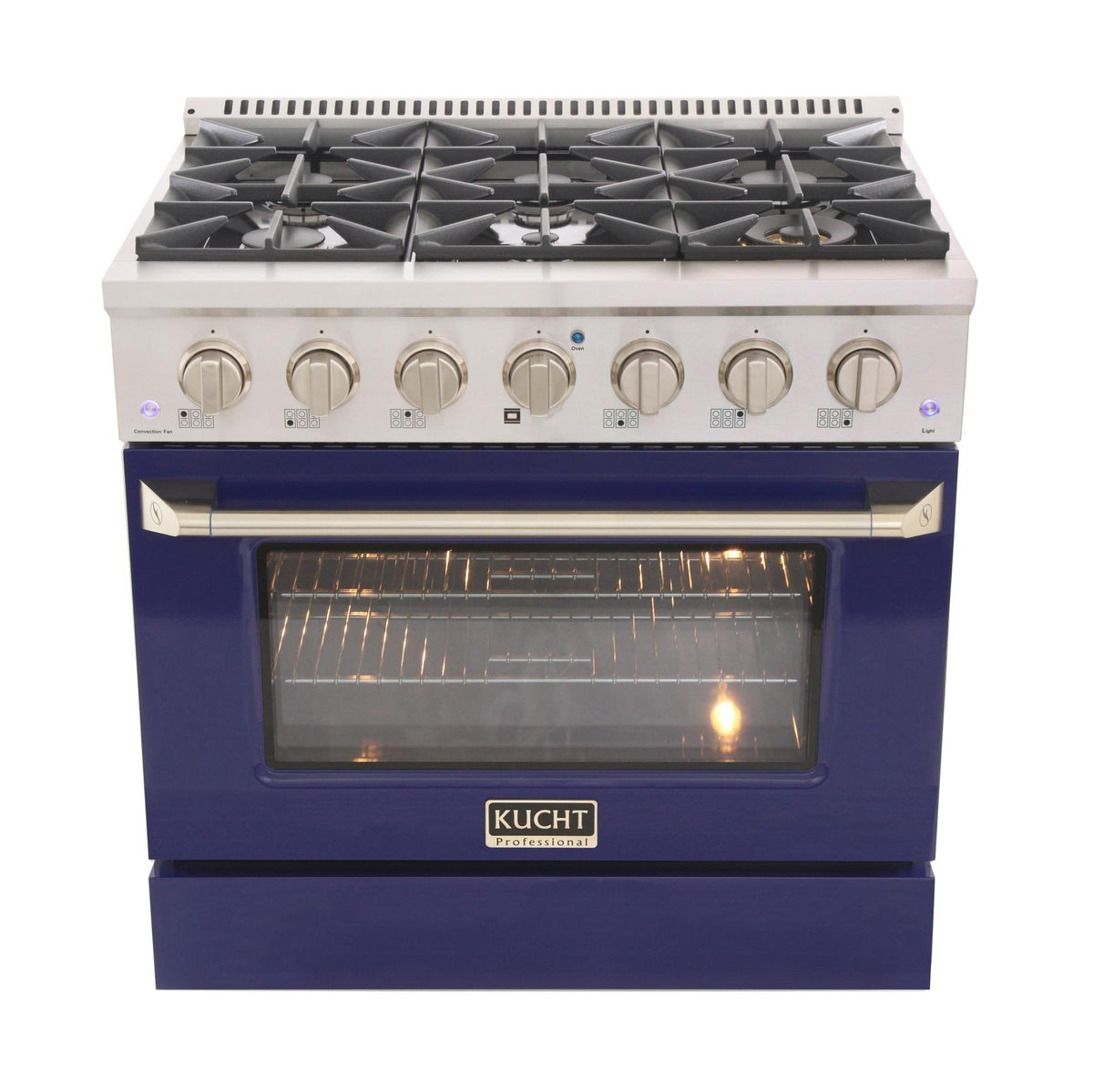 Blue freestanding range with 8 knobs and illuminated convection oven door