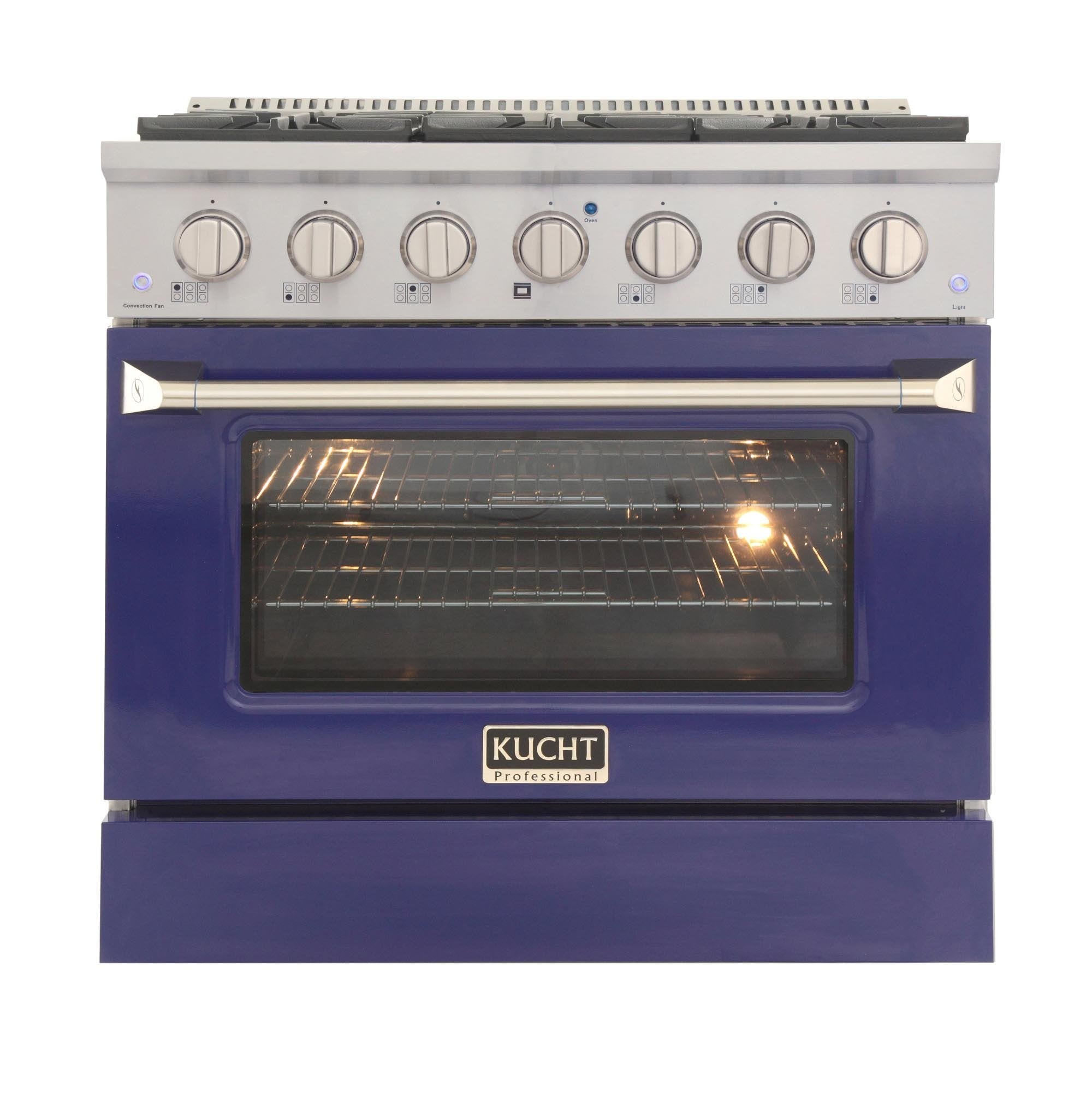 Blue freestanding range with 8 front knobs and convection oven door window