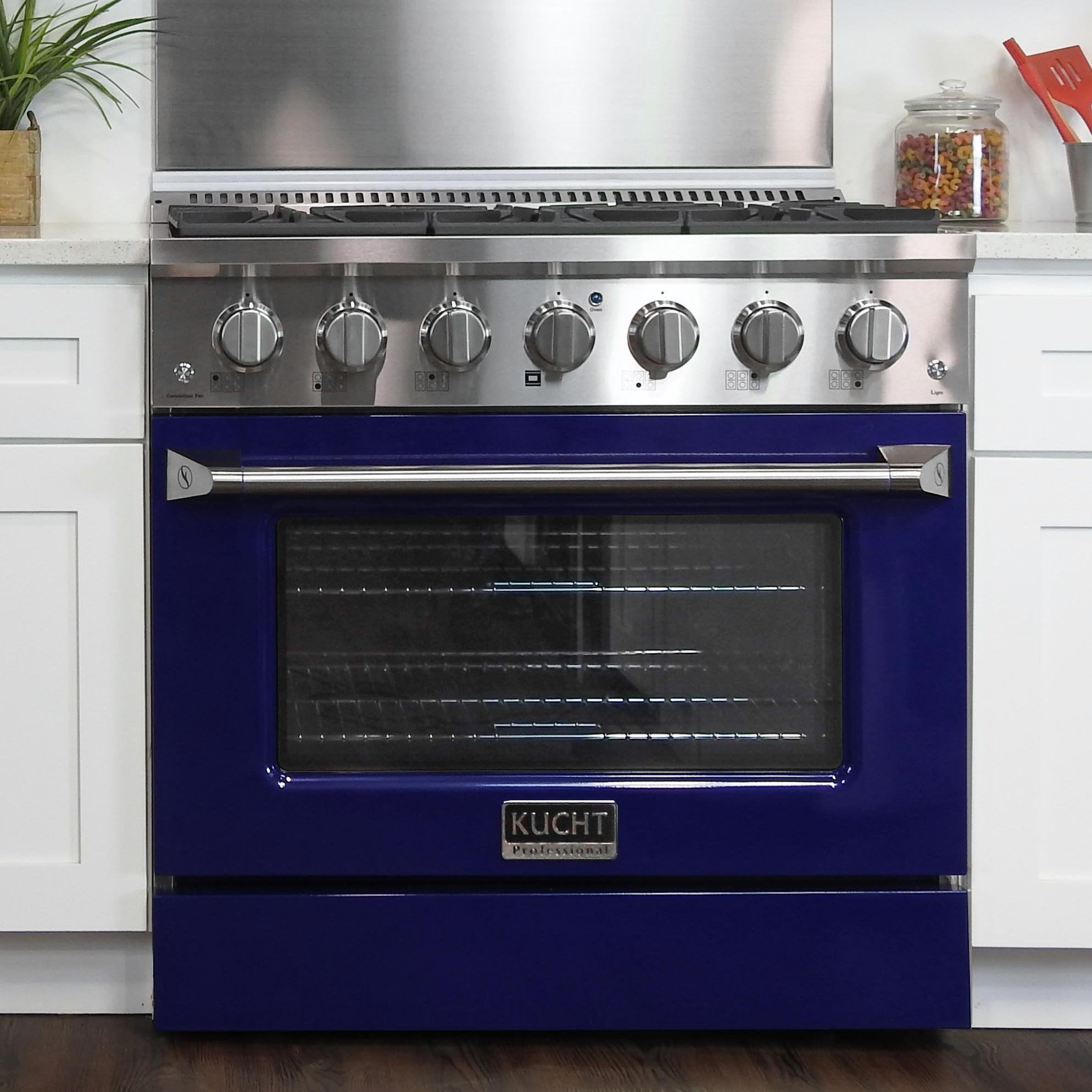 Blue freestanding range with 8 control knobs and glass convection oven window
