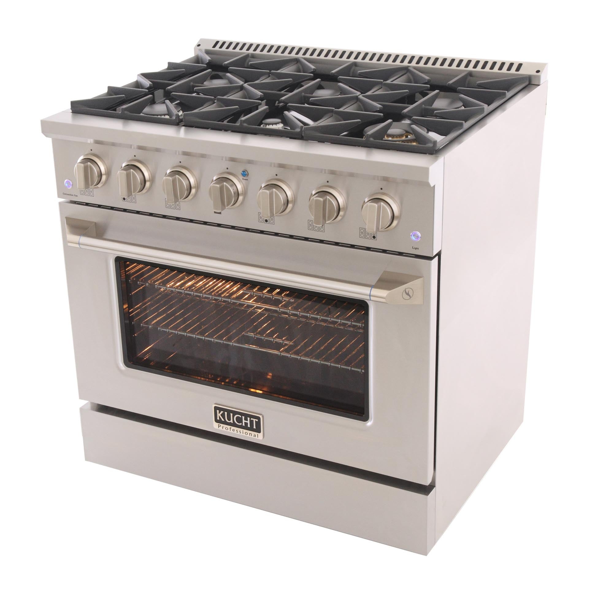 Stainless steel gas range with multiple burner knobs and oven door, angled front view