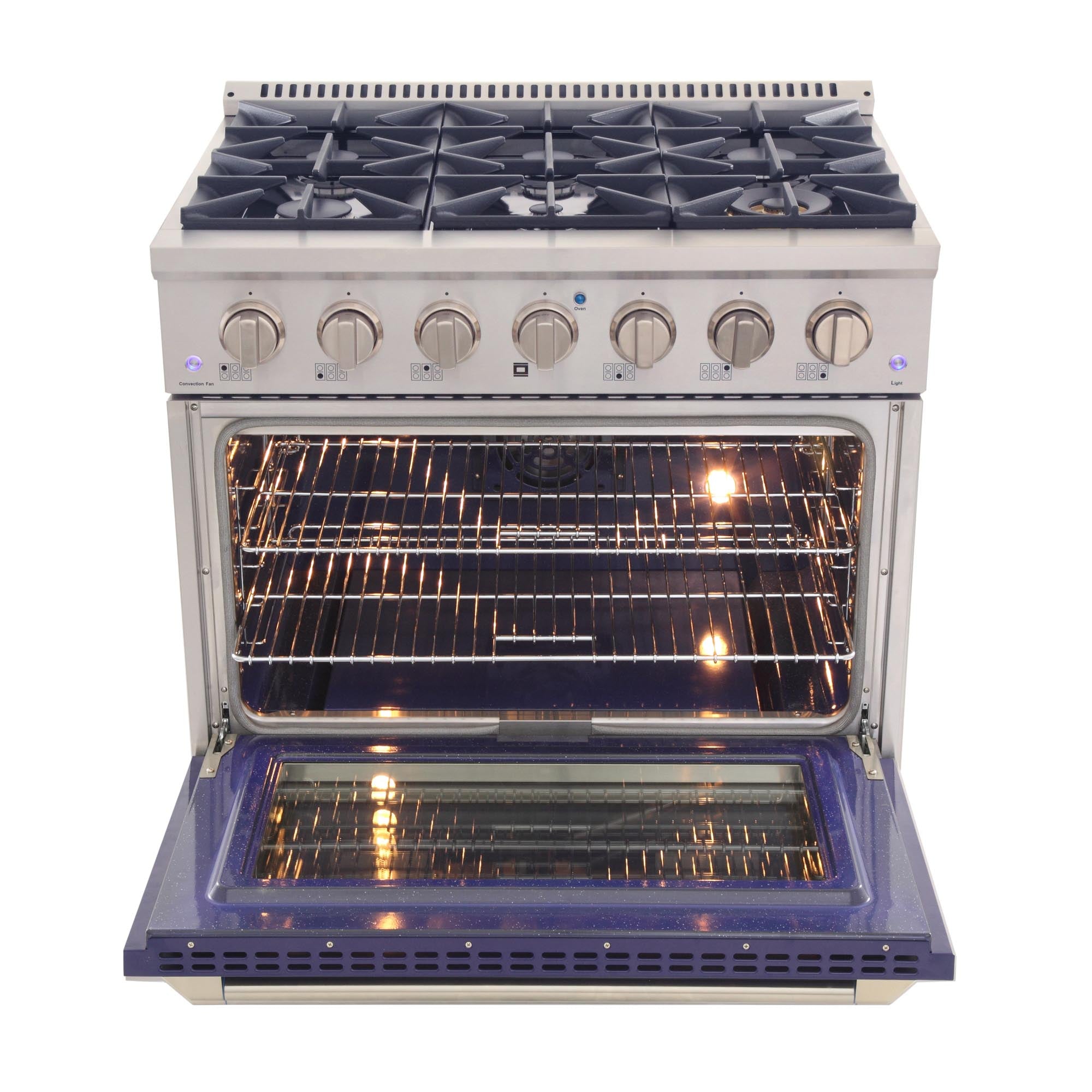 Stainless steel gas range with open convection oven and baking racks