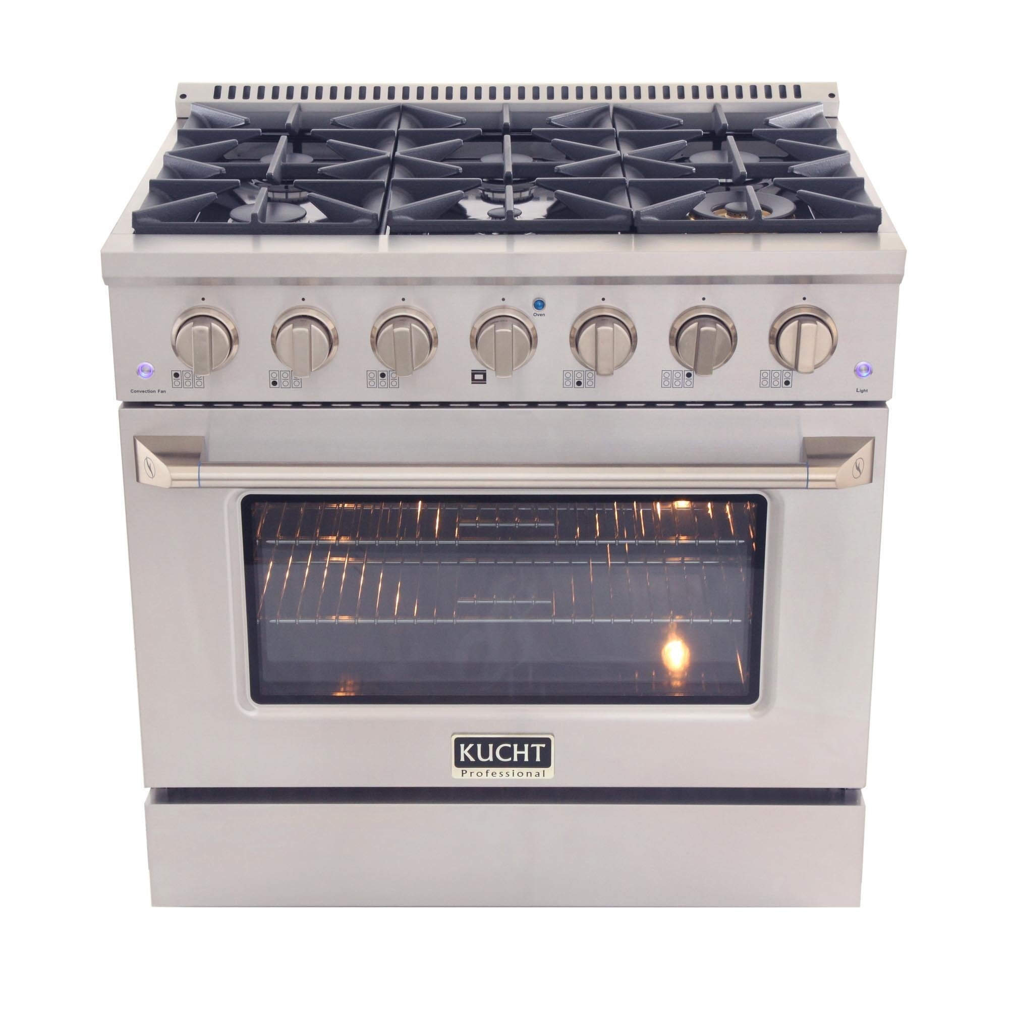 Stainless steel gas range with six sealed burners and convection oven window