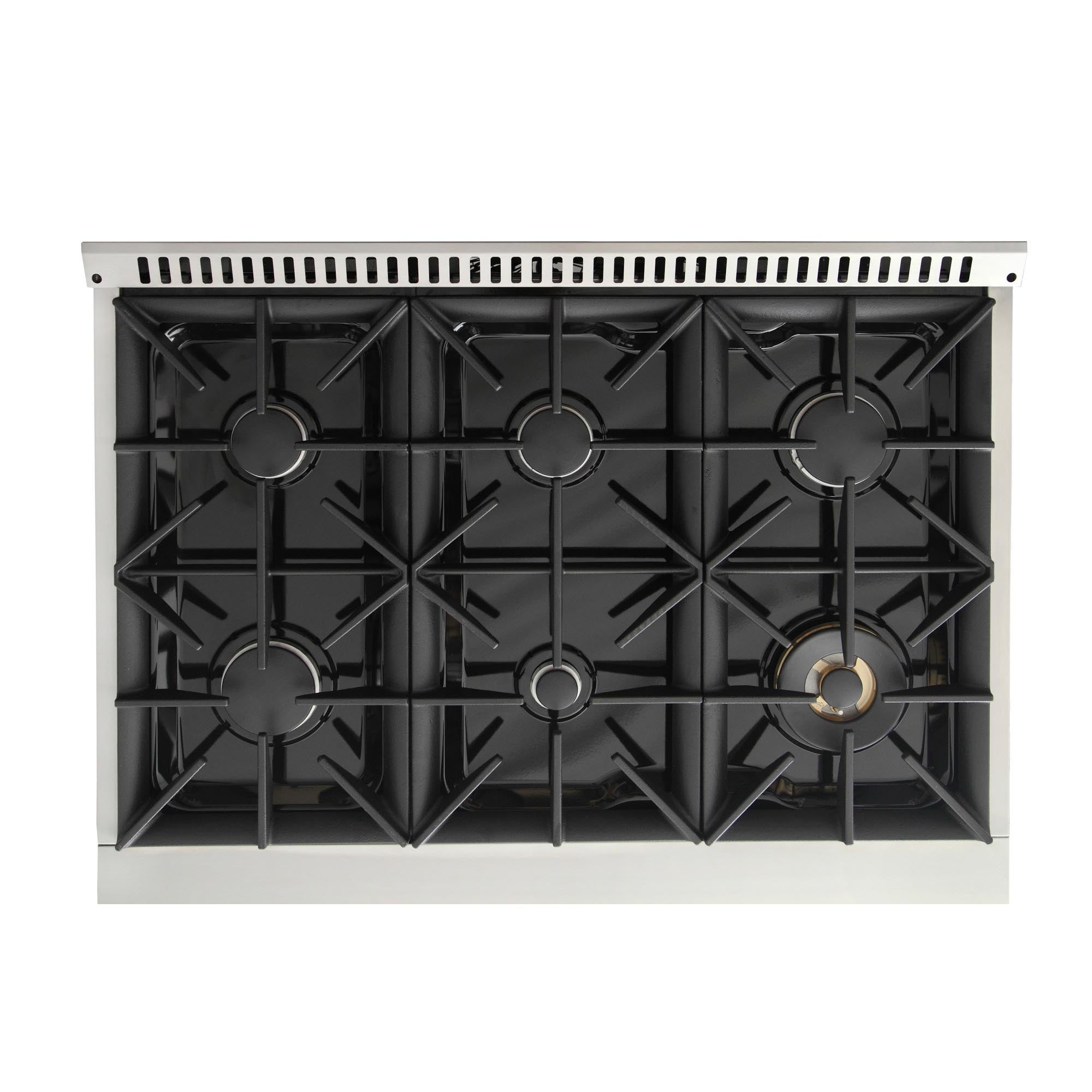 Black sealed burner grates on cooktop with five round burner heads