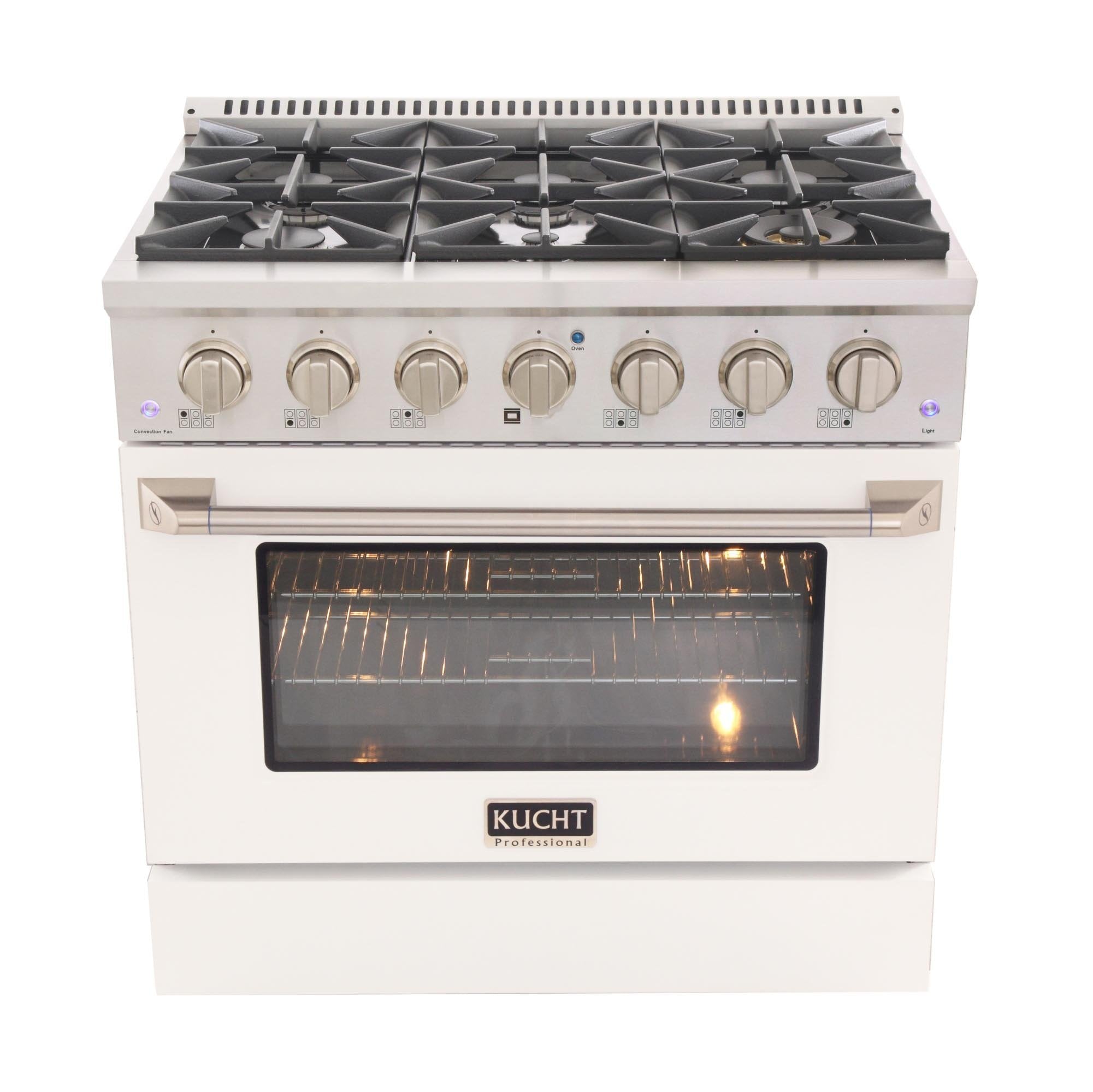 White 36-inch range with six sealed burners, oven window, and control knobs
