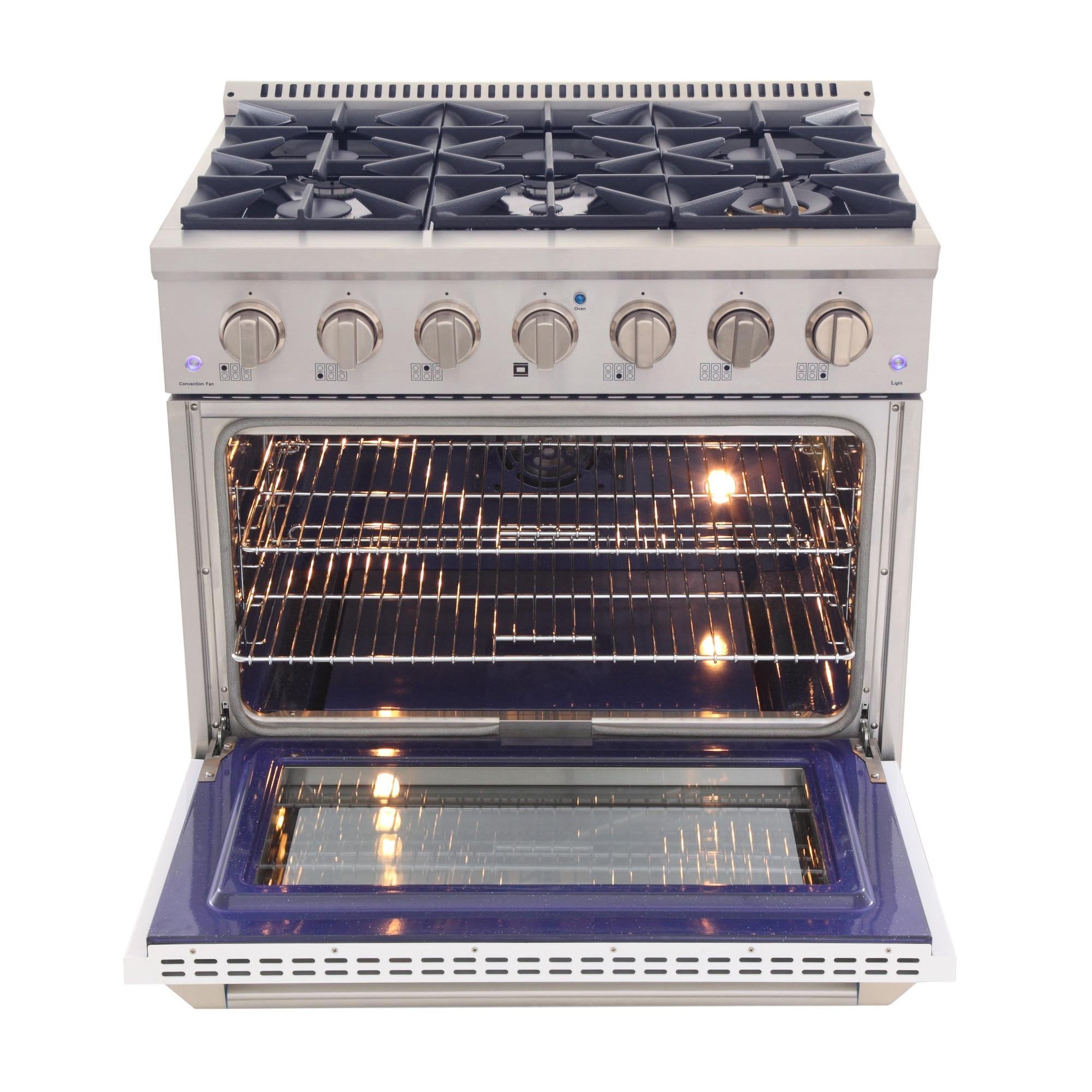 White range oven with open oven door and illuminated interior racks
