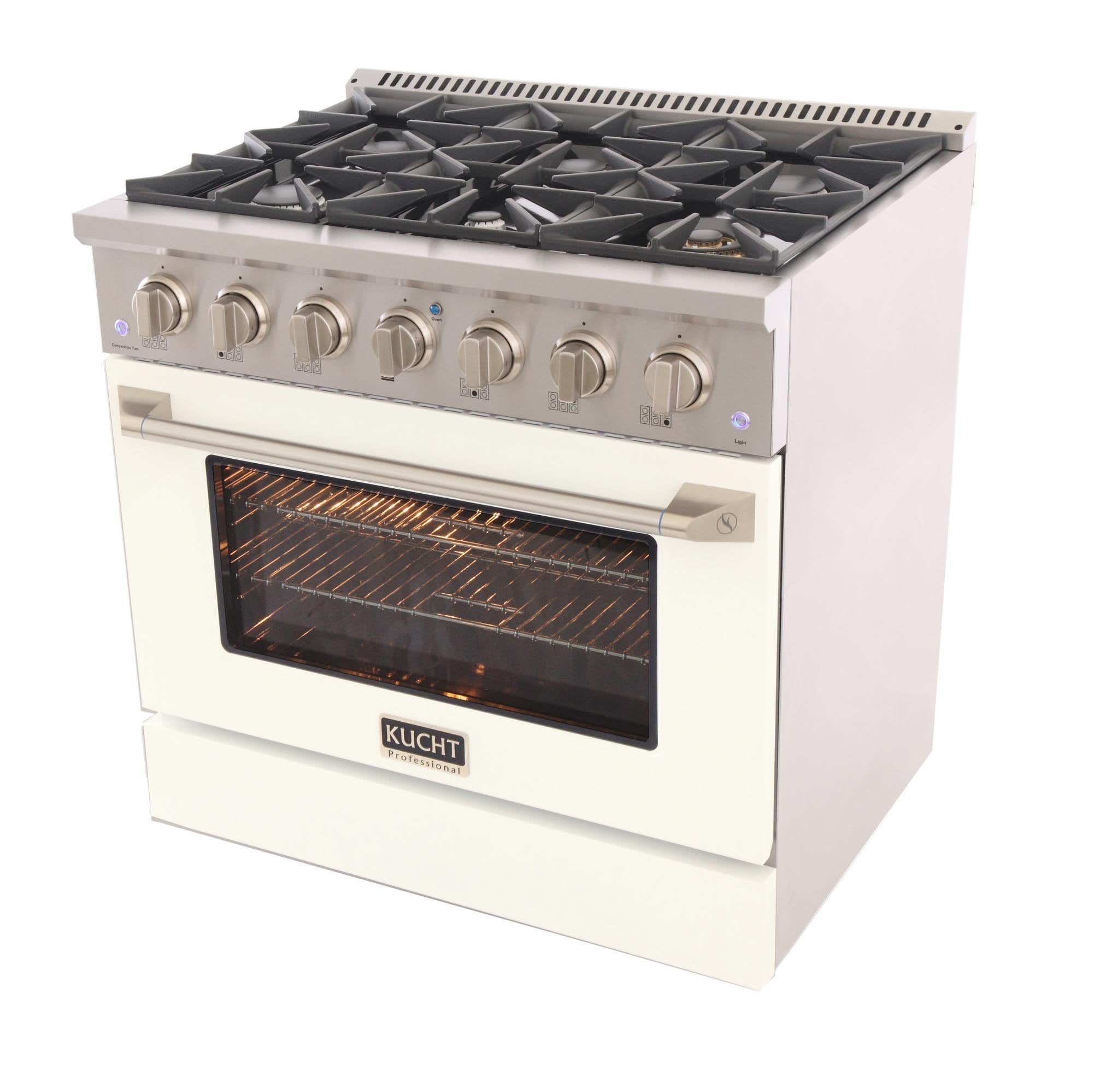 White Kucht range oven with five sealed burners and convection oven glass door