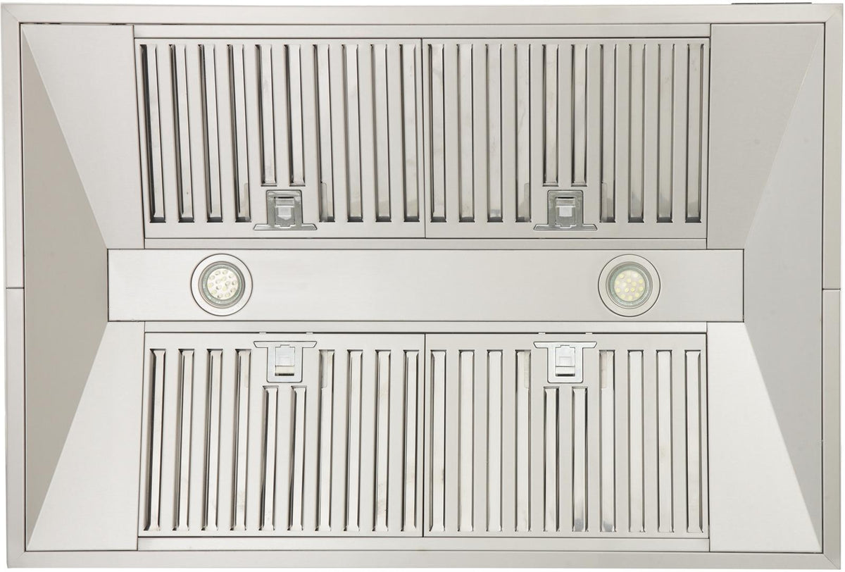 Kucht island range hood interior with baffle filters and round LED lights