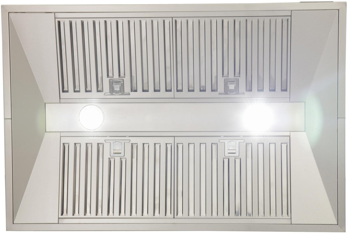Kucht island range hood interior view with baffle filters and two lights