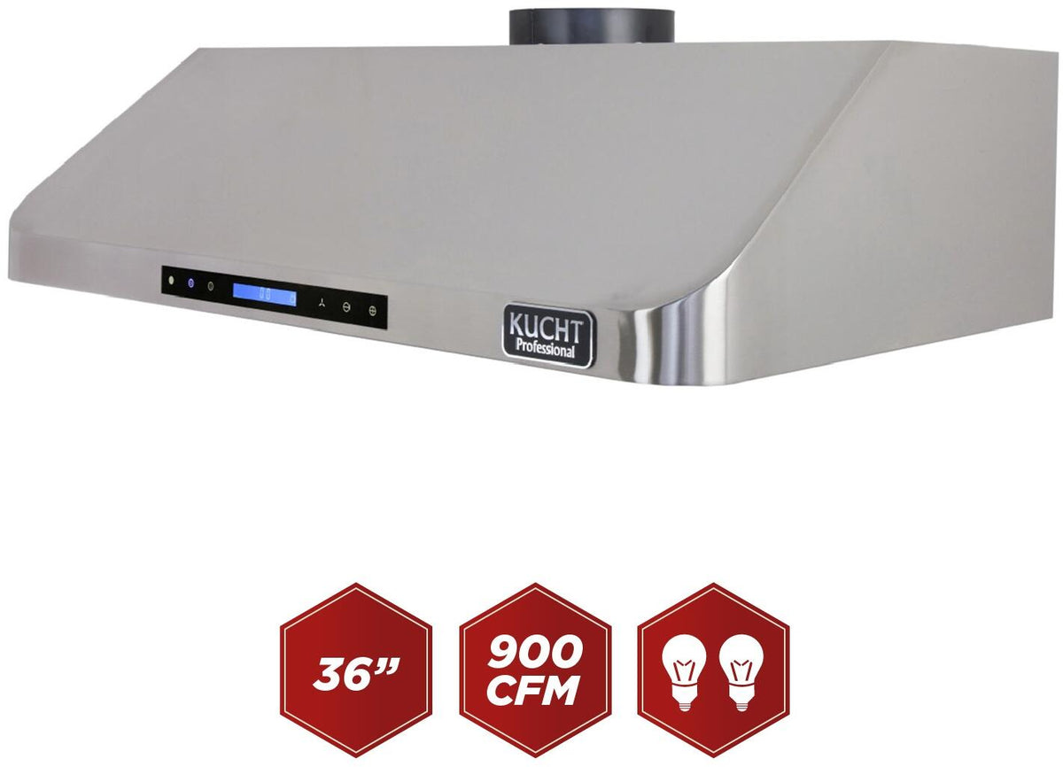 Stainless steel under-cabinet range hood with digital display and 900 CFM, 36 in badges