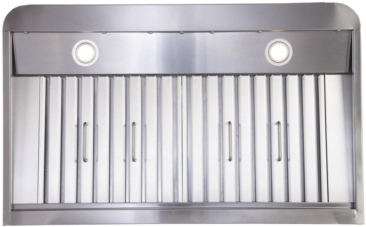 Stainless steel under-cabinet range hood with vent grille and two round lights